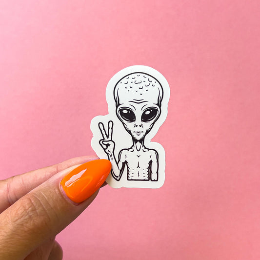 Peace Sign Alien Sticker Decal for Planners, laptops, tumblers, cars, walls, mirrors, notebooks, phones, etc. 4FNTSY