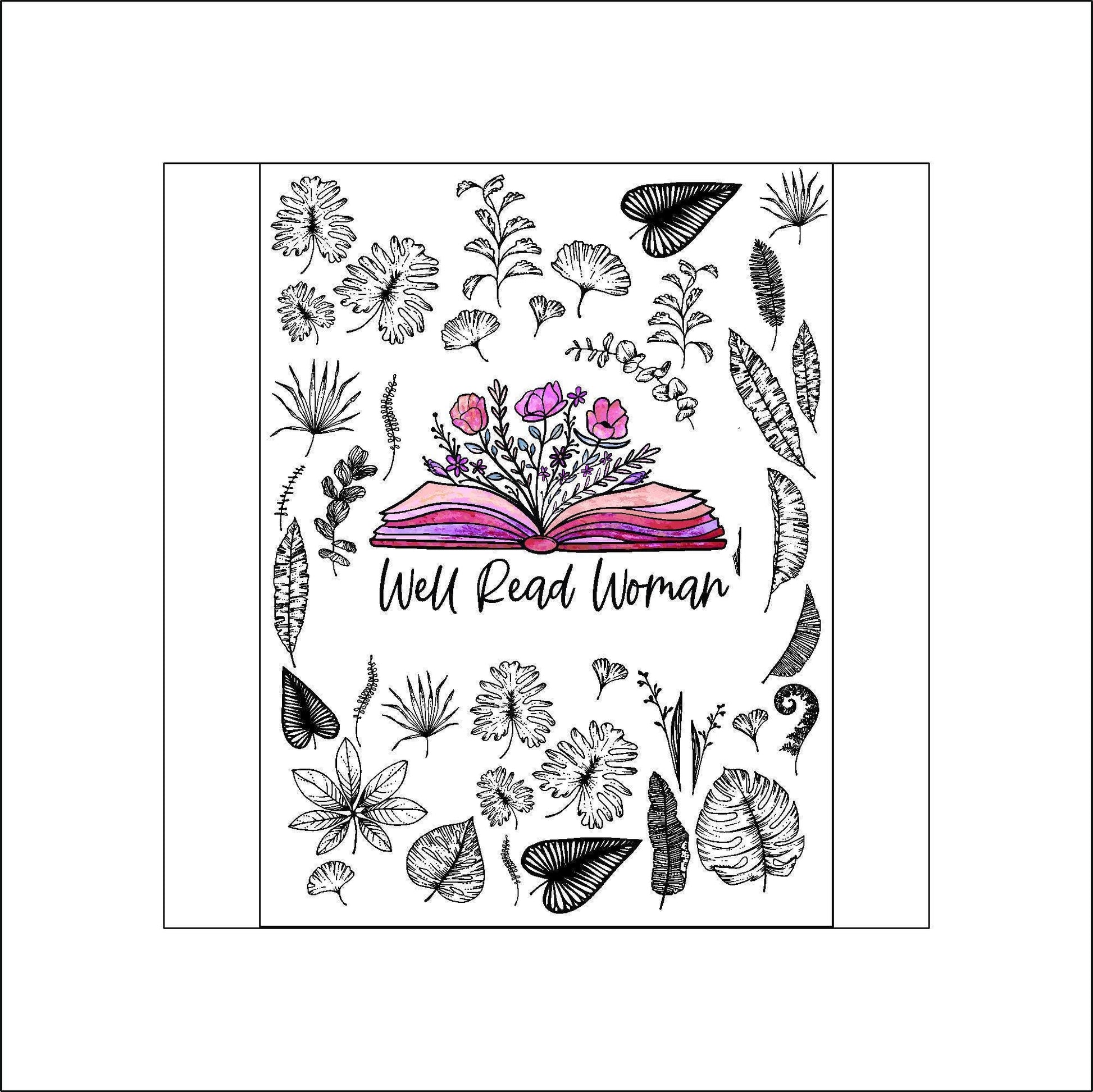 A sheet of black and white stickers. The stickers include various black and white leaves and an open book with pink flowers growing from the pages. The text 'Well Read Woman' is below the book.