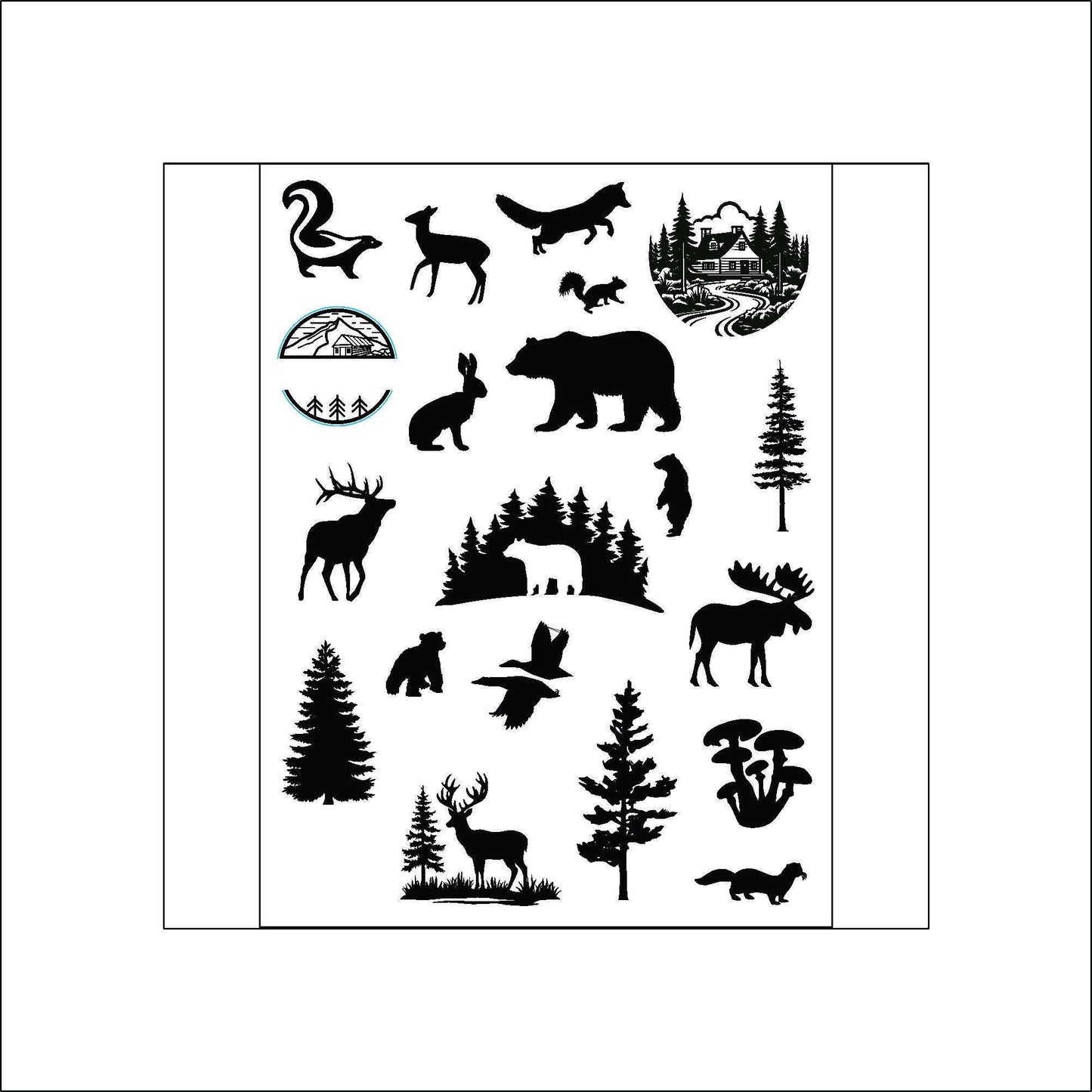 A sheet of black and white stickers of various woodland animals and plants. The animals include a bear, a fox, a deer, a moose, a squirrel, a bird, and a rabbit. The plants include trees, mushrooms, and a cabin with a chimney.