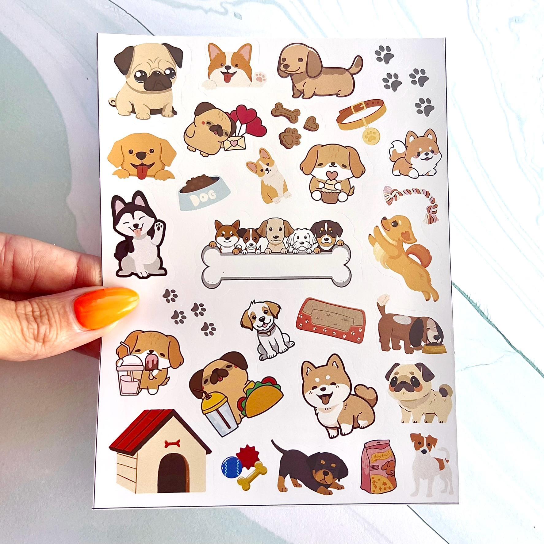 A sheet of stickers featuring various dog breeds in cartoon style. The stickers are on a white background and include a variety of colors, including brown, black, white, and golden. The stickers feature dogs in various poses, including sitting, standing, and running. Some of the stickers also feature dog-related objects, such as bones, toys, paw prints, dog houses, and collars. Some dogs are holding/eating items such as a taco or drink.