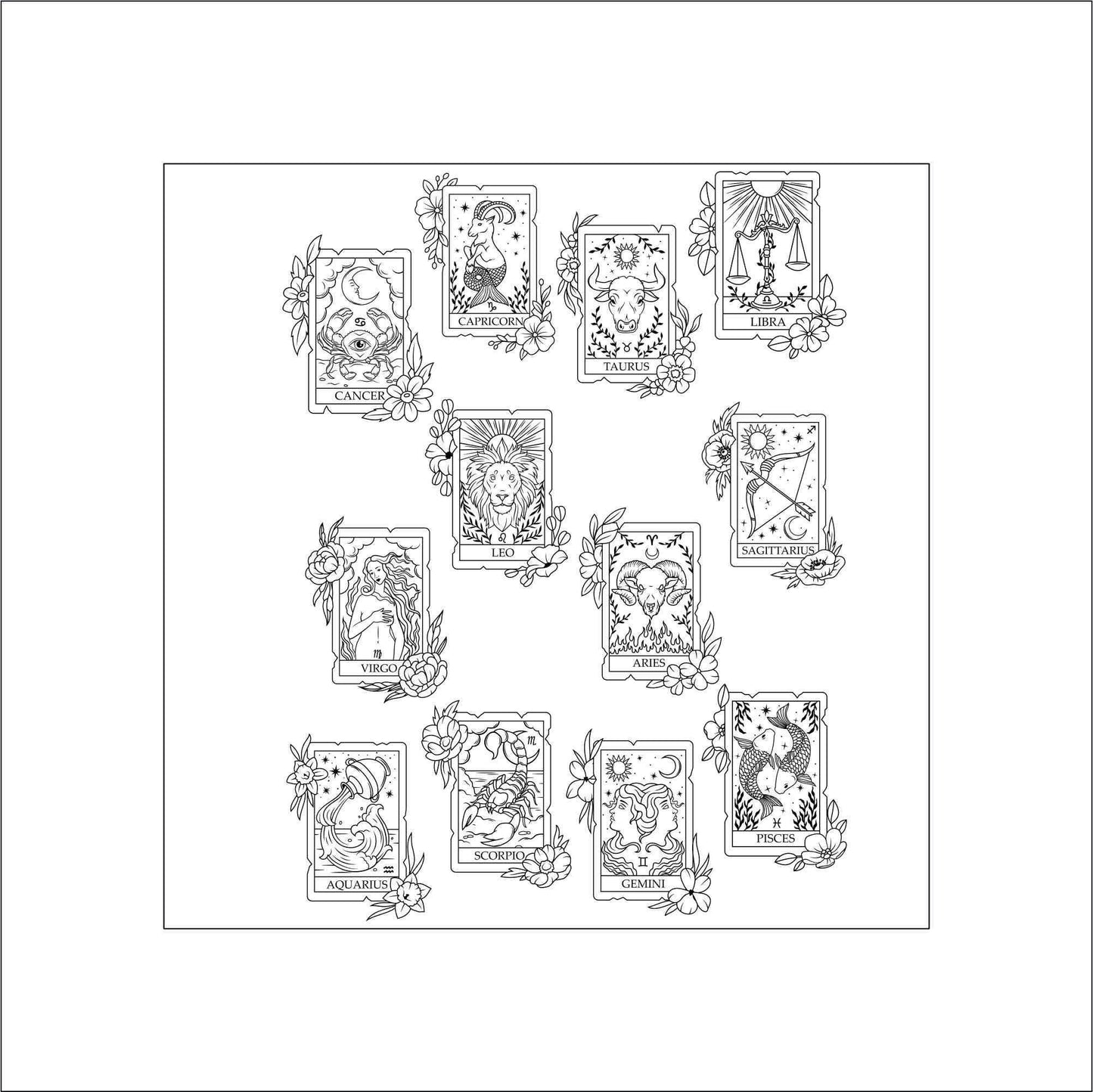 A black and white stickers of the 12 zodiac signs. Each sign is depicted in a card-like frame with floral embellishments. The signs are: Aquarius, Pisces, Aries, Taurus, Gemini, Cancer, Leo, Virgo, Libra, Scorpio, Sagittarius, and Capricorn.