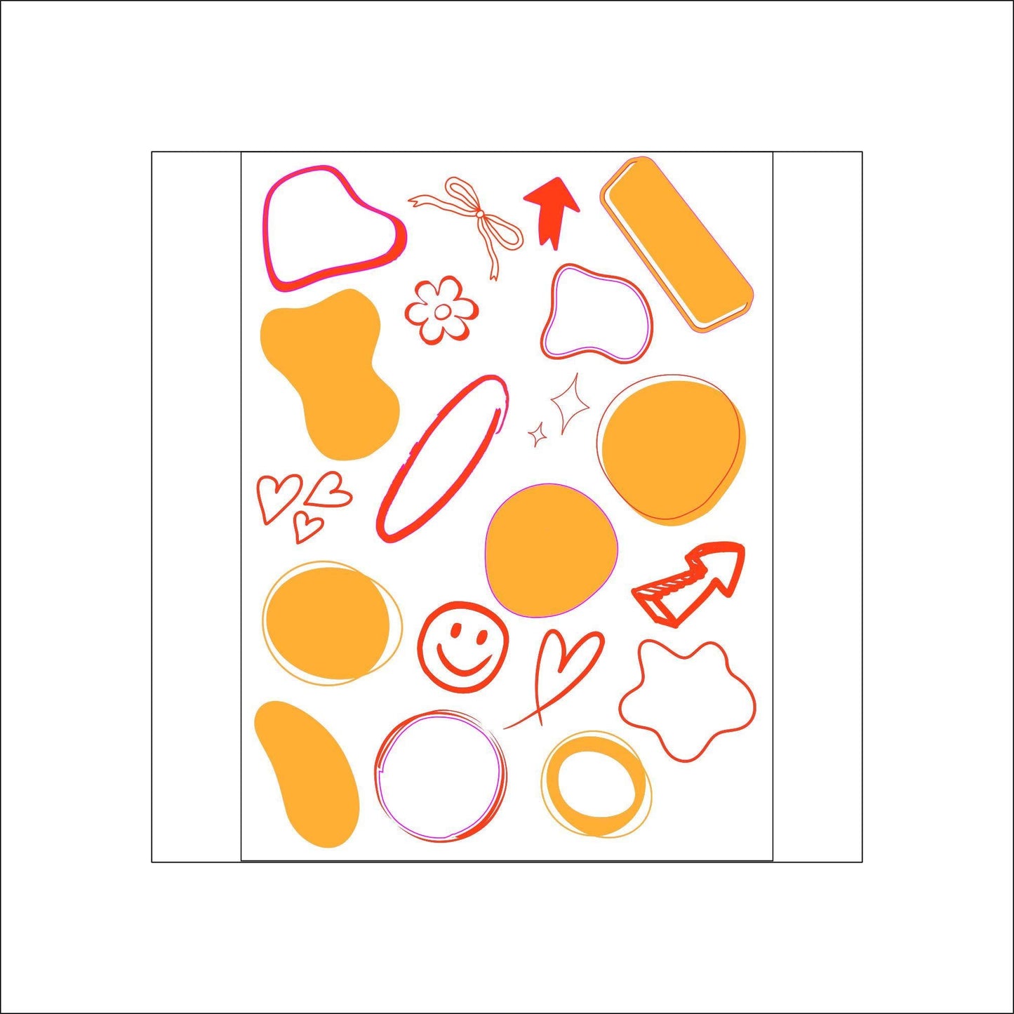 A sheet of various abstract shaped orange planner/notebook stickers. The stickers include hearts, arrows, flowers, circles, wavy circles, and rectangles. These can be used to keep track of important dates or tasks.