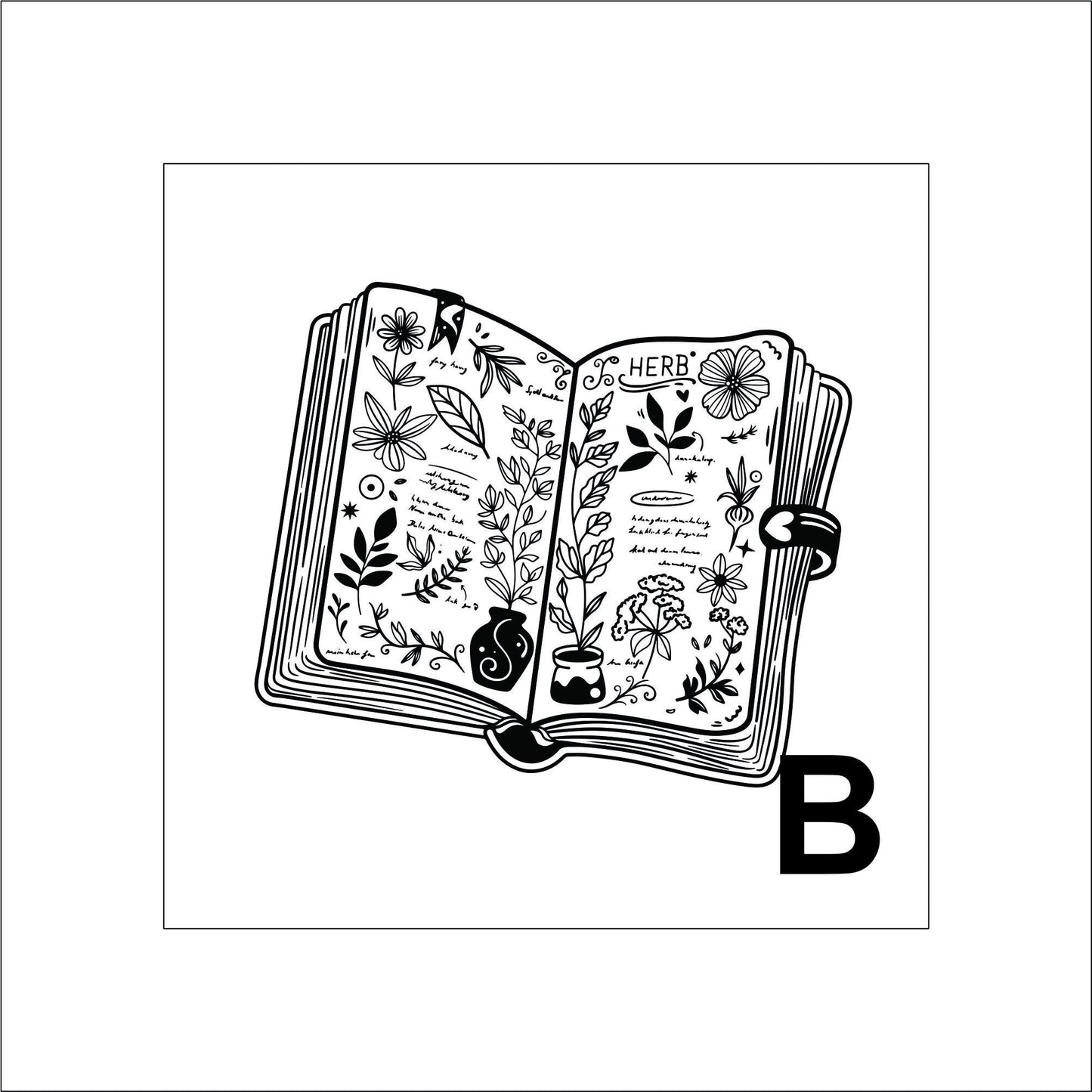 A black and white sticker of an open spell book with a buckle on the side. The pages feature botanical pictures and words.