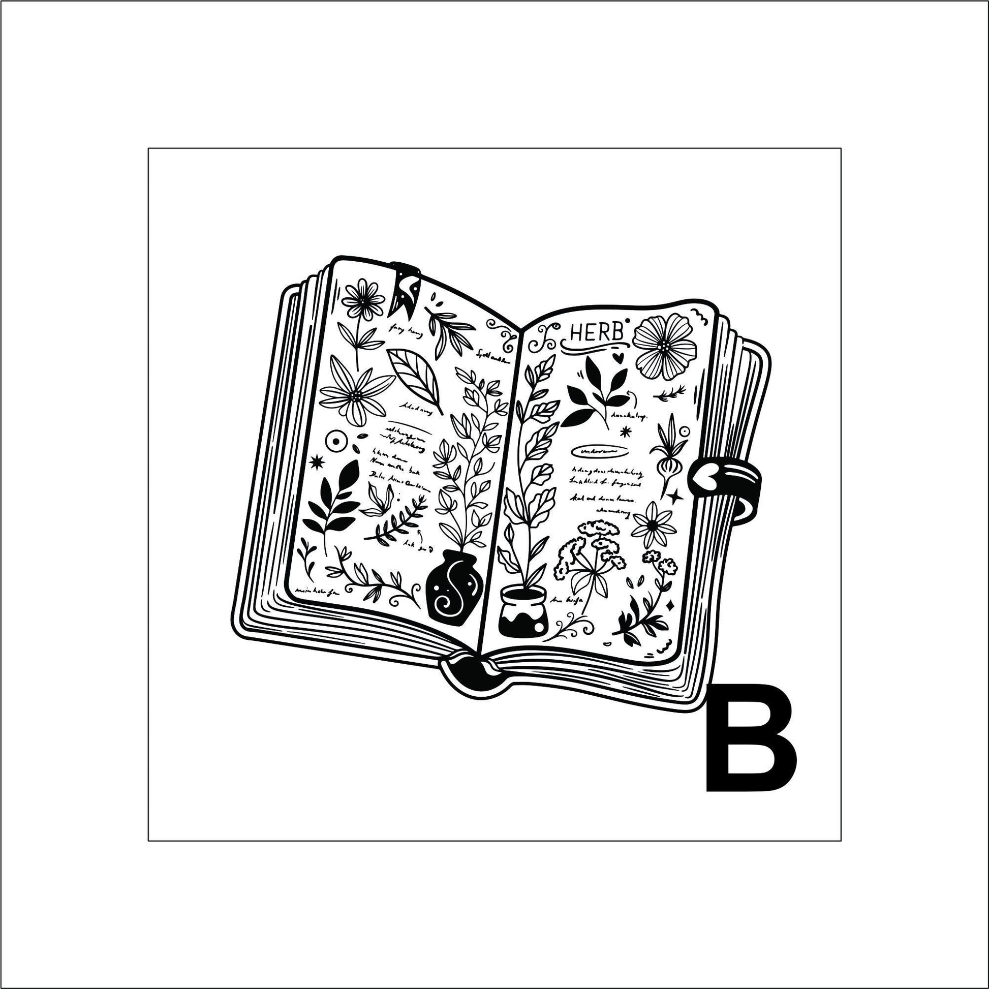 A black and white sticker of an open spell book with a buckle on the side. The pages feature botanical pictures and words.