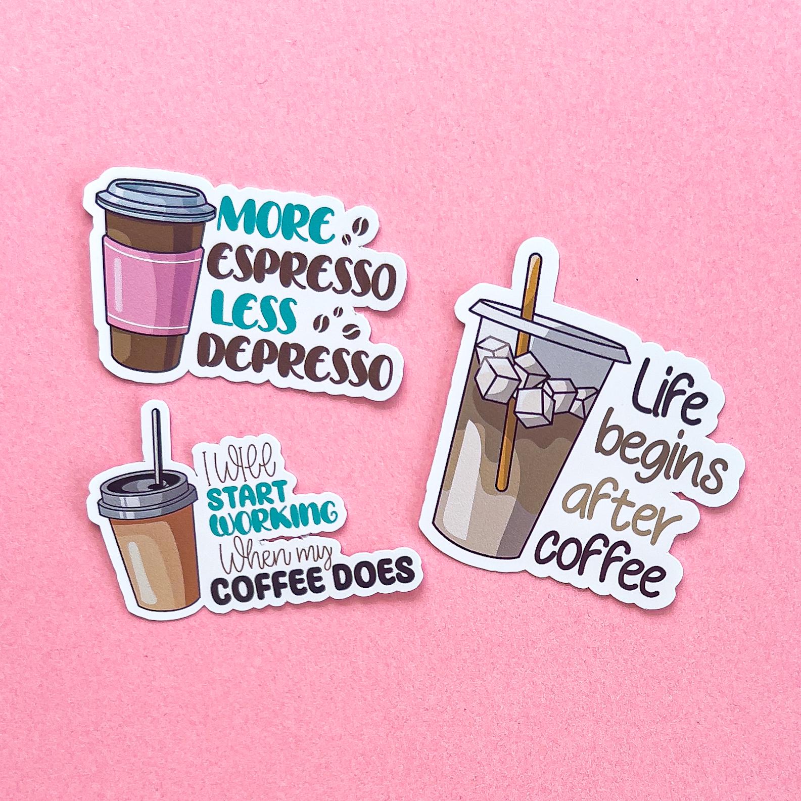 Three coffee sticker options. They have brown, beige, and teal writing.