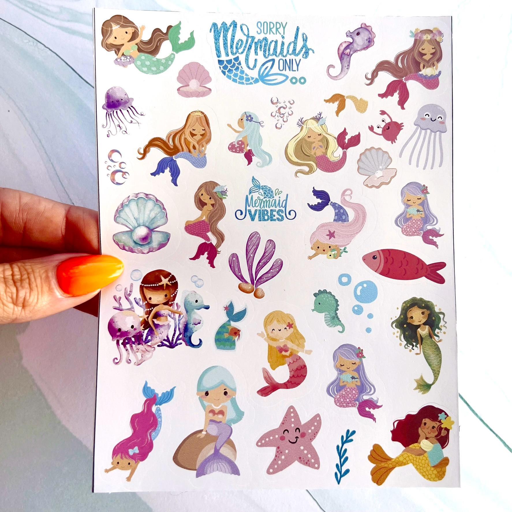 A sheet of mermaid themed stickers with a variety of images including mermaids, fish, seahorses, seashells, starfish, jellyfish, and seaweed. The text on the sheet reads 'Sorry Mermaids Only' and 'Mermaid Vibes'.