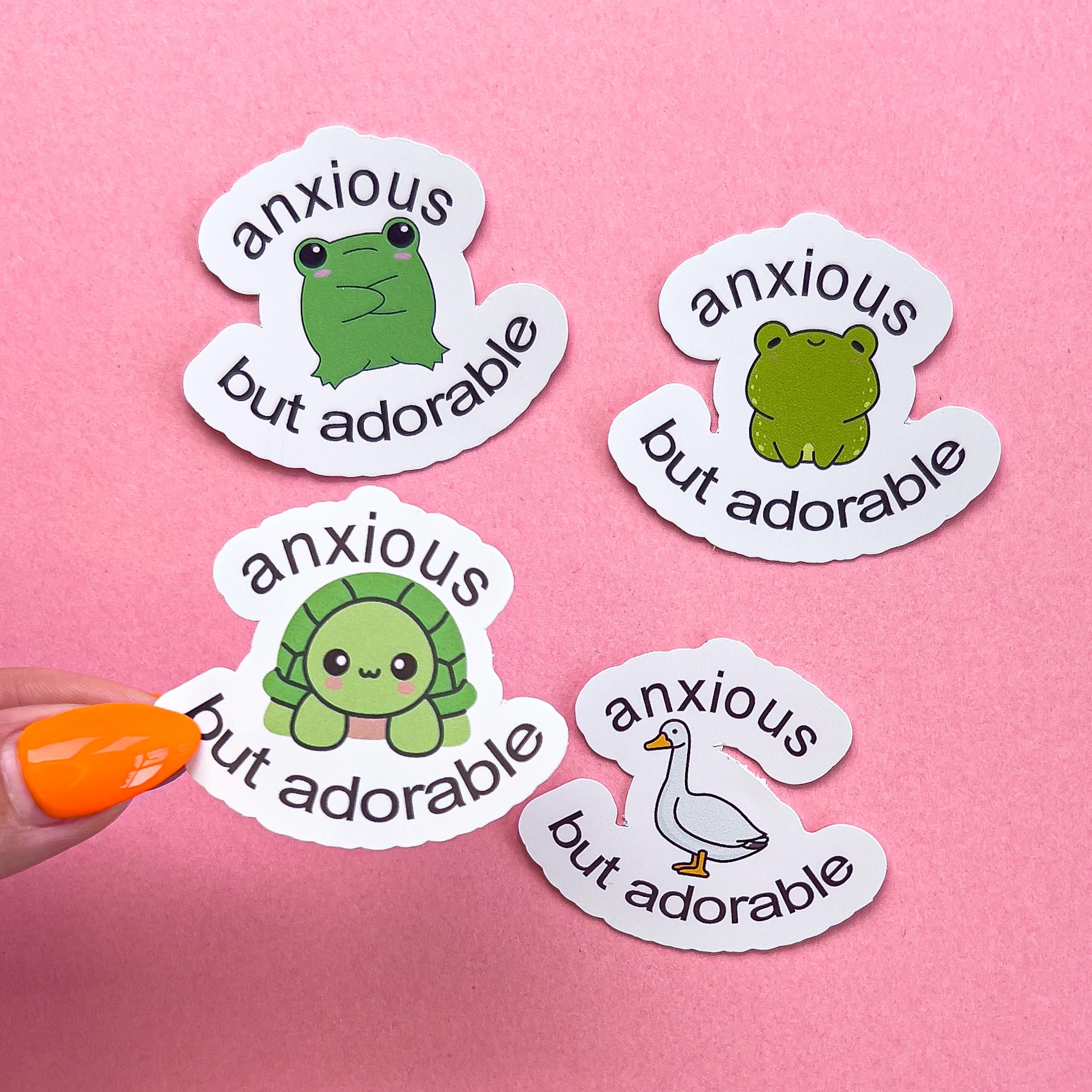 Four vinyl decal stickers of cartoon animals with the text that reads "anxious but adorable"