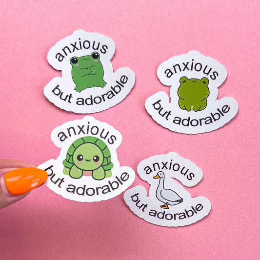 Four vinyl decal stickers of cartoon animals with the text that reads "anxious but adorable"
