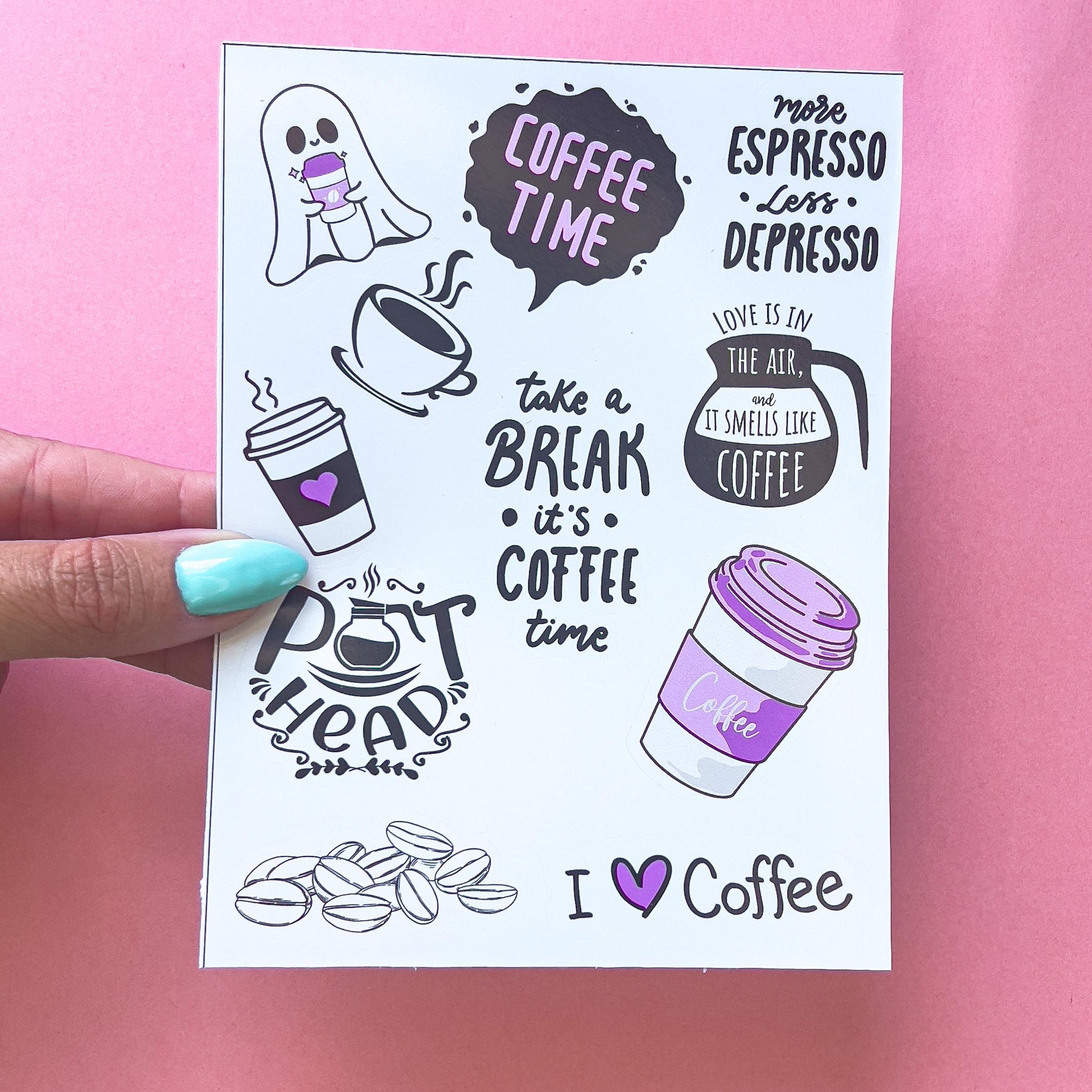 A sticker sheet with various coffee-themed illustrations and text. The illustrations include a ghost holding a coffee cup, a coffee pot, a coffee cup, and a coffee bean. The text includes 'Coffee Time', 'Take a Break It's Coffee Time', 'More Espresso Less Depresso', 'Love is in the Air and it Smells Like Coffee', 'Pot Head', and 'I Love Coffee'. The stickers are black and white with pops of lavender/purple.