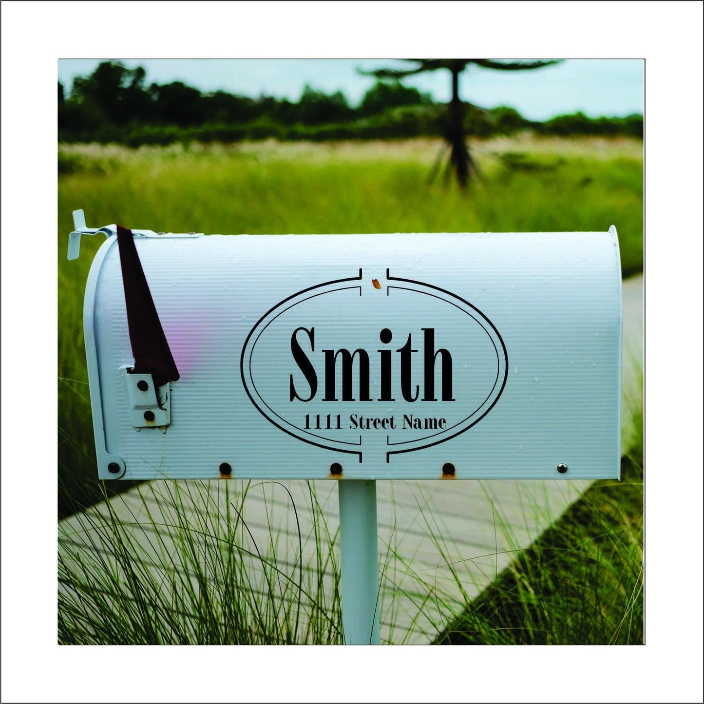 A custom vinyl decal sticker for mailbox with a black, oval design and the name 'Smith' and street address printed on it, this would be replaced with your name and address.