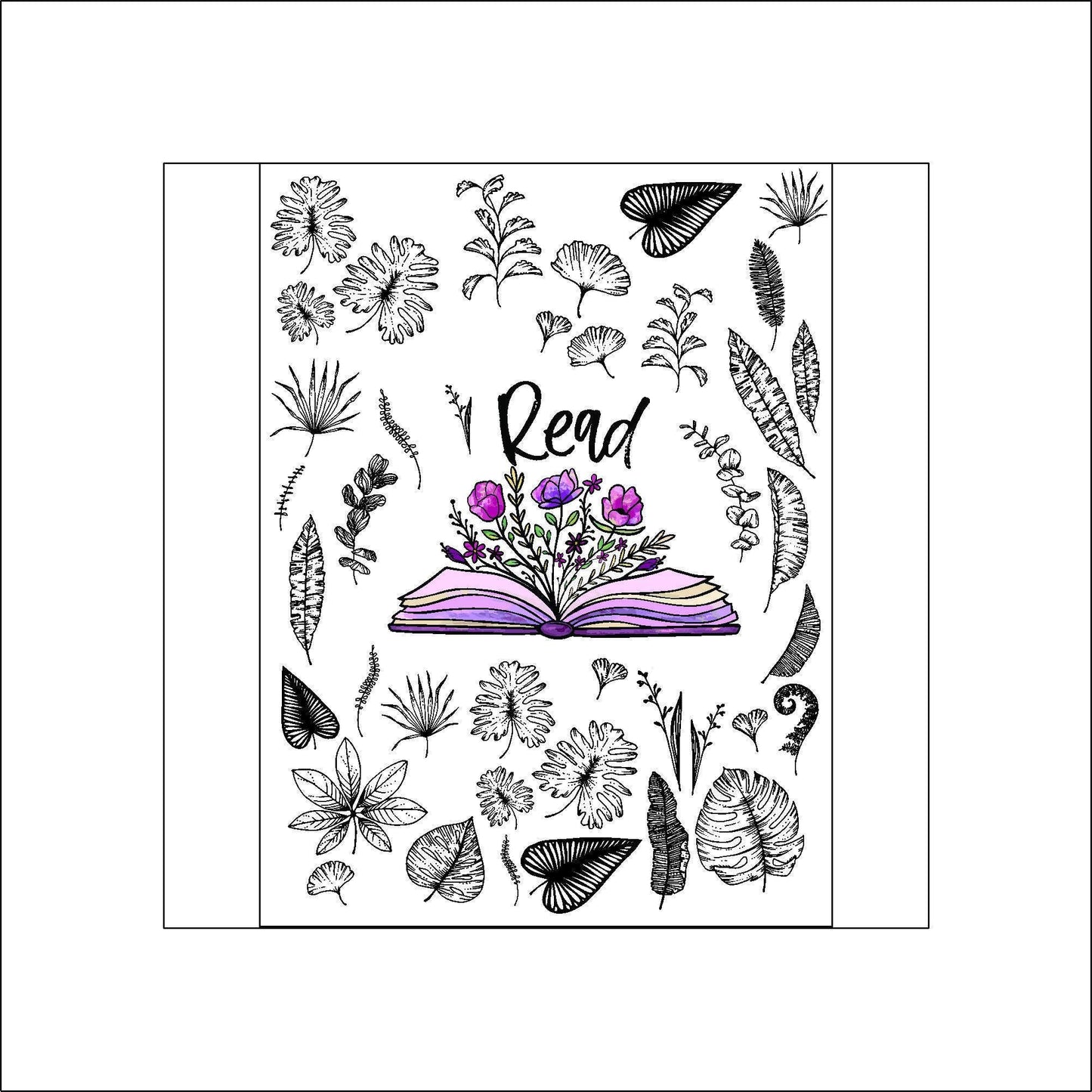 A sheet of stickers. The stickers include an open book with flowers growing from the pages and the words "Read" around the book and various black and white leaves.