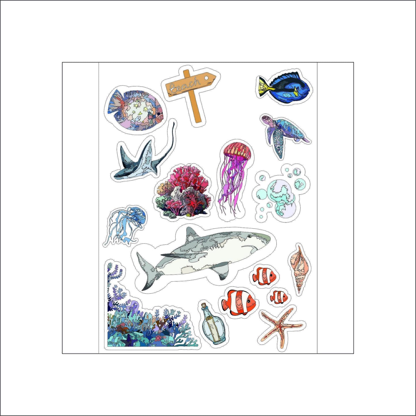 A set of colorful stickers featuring various ocean-themed illustrations, including a shark, jellyfish, coral, starfish, fish, a seashell, a bottle with a message, and a sign that says 'Beach'. The stickers are perfect for adding a touch of whimsy to journals, planners, laptops, and more.