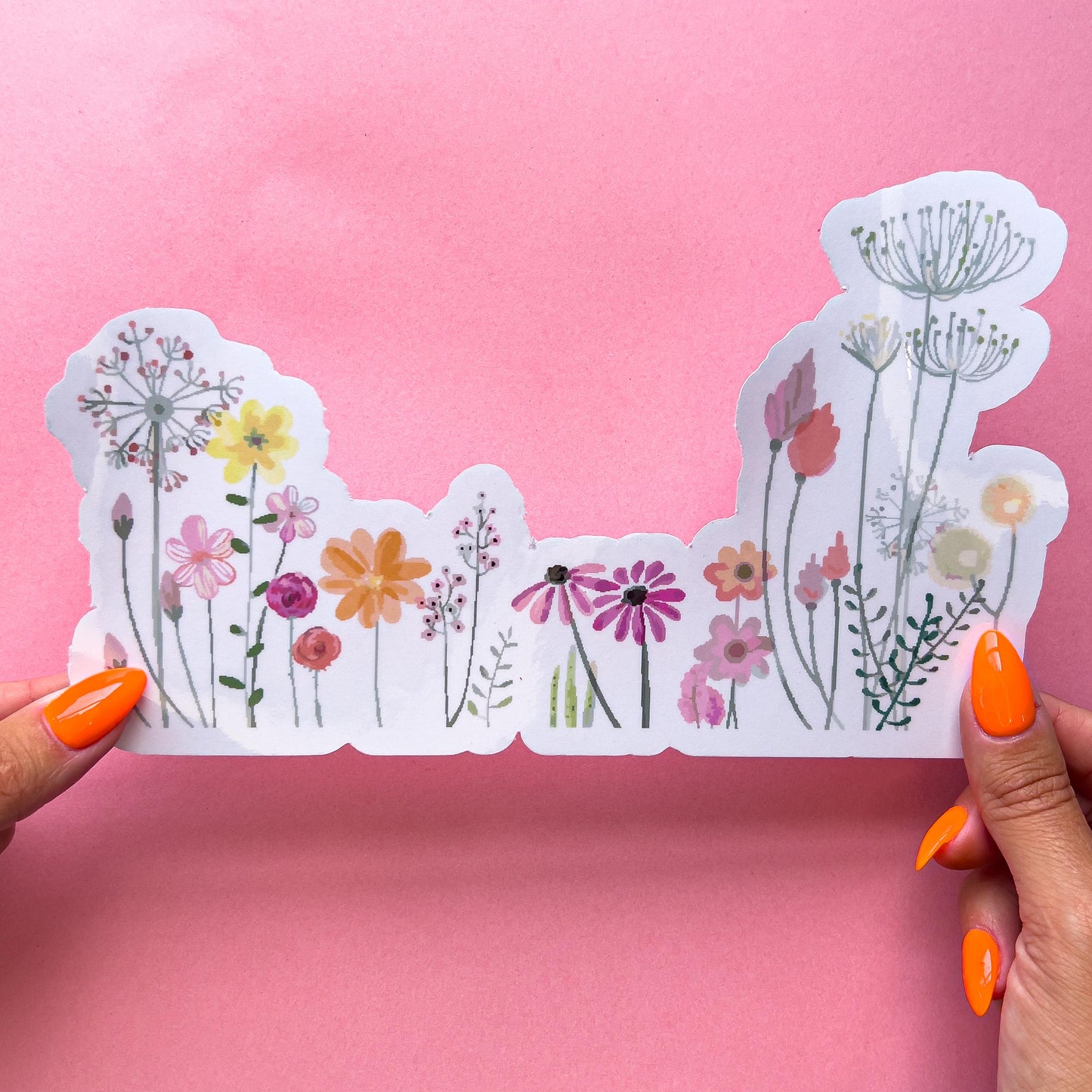 A vinyl decal sticker colorful wildflower border on clear vinyl. Includes purple, orange, yellow, pink, and green colors.