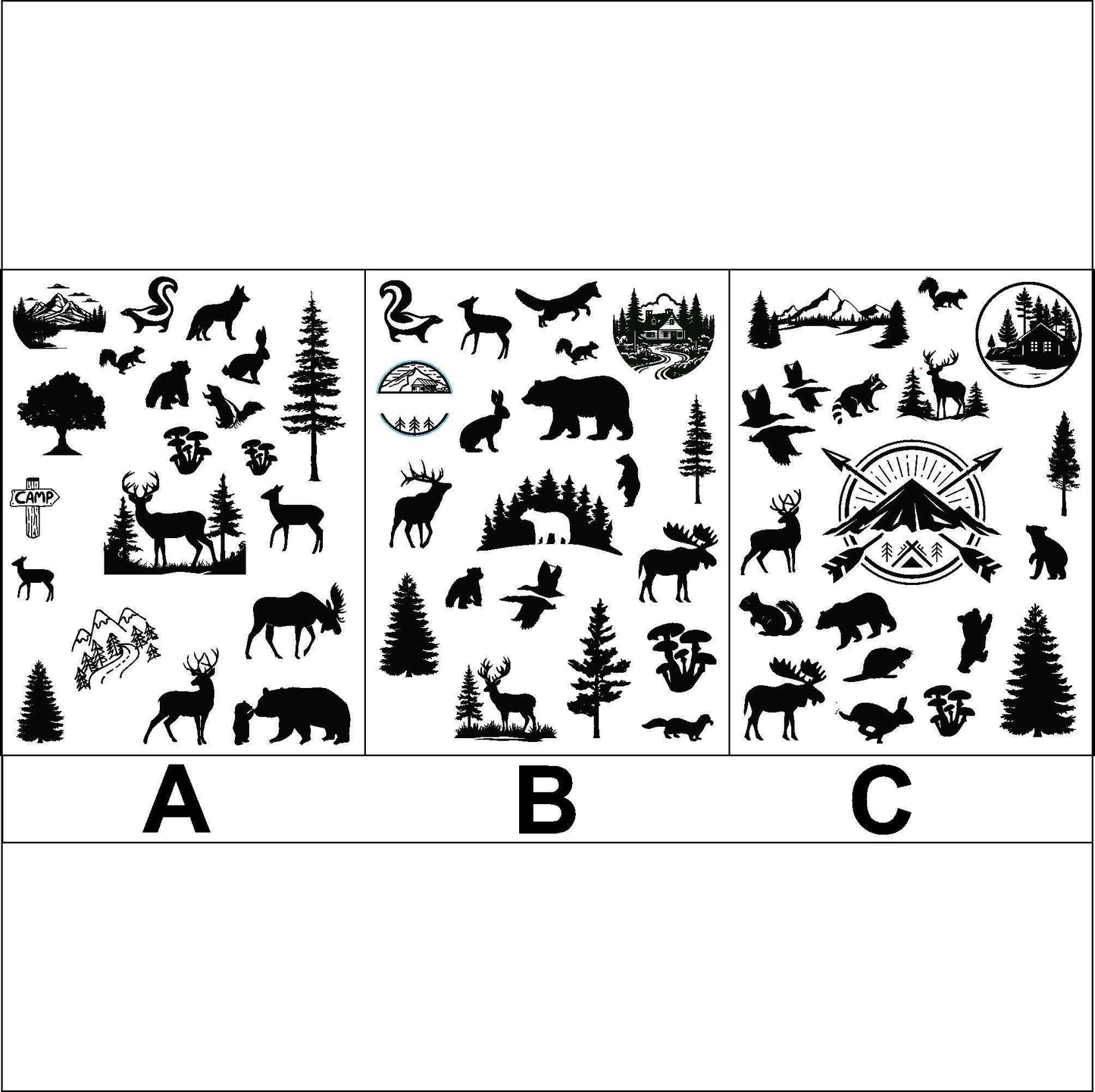 Three black and white sticker sheets of various woodland animals, trees, and other nature-themed graphics. The images are labeled A, B, and C corresponding to the three options.
