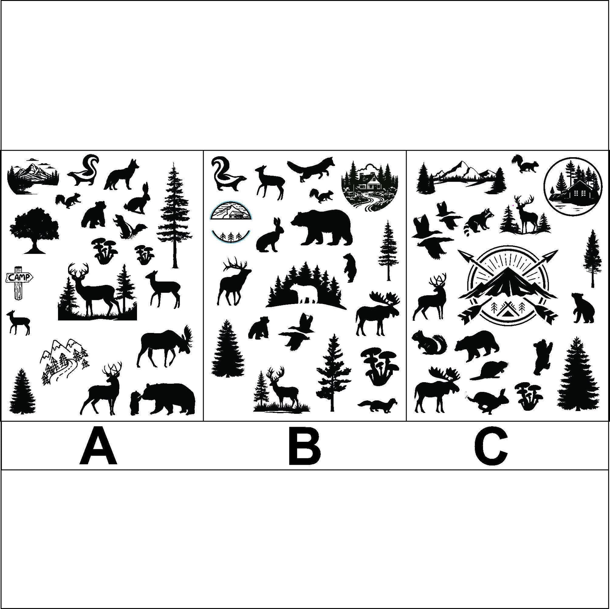 Three black and white sticker sheets of various woodland animals, trees, and other nature-themed graphics. The images are labeled A, B, and C corresponding to the three options.