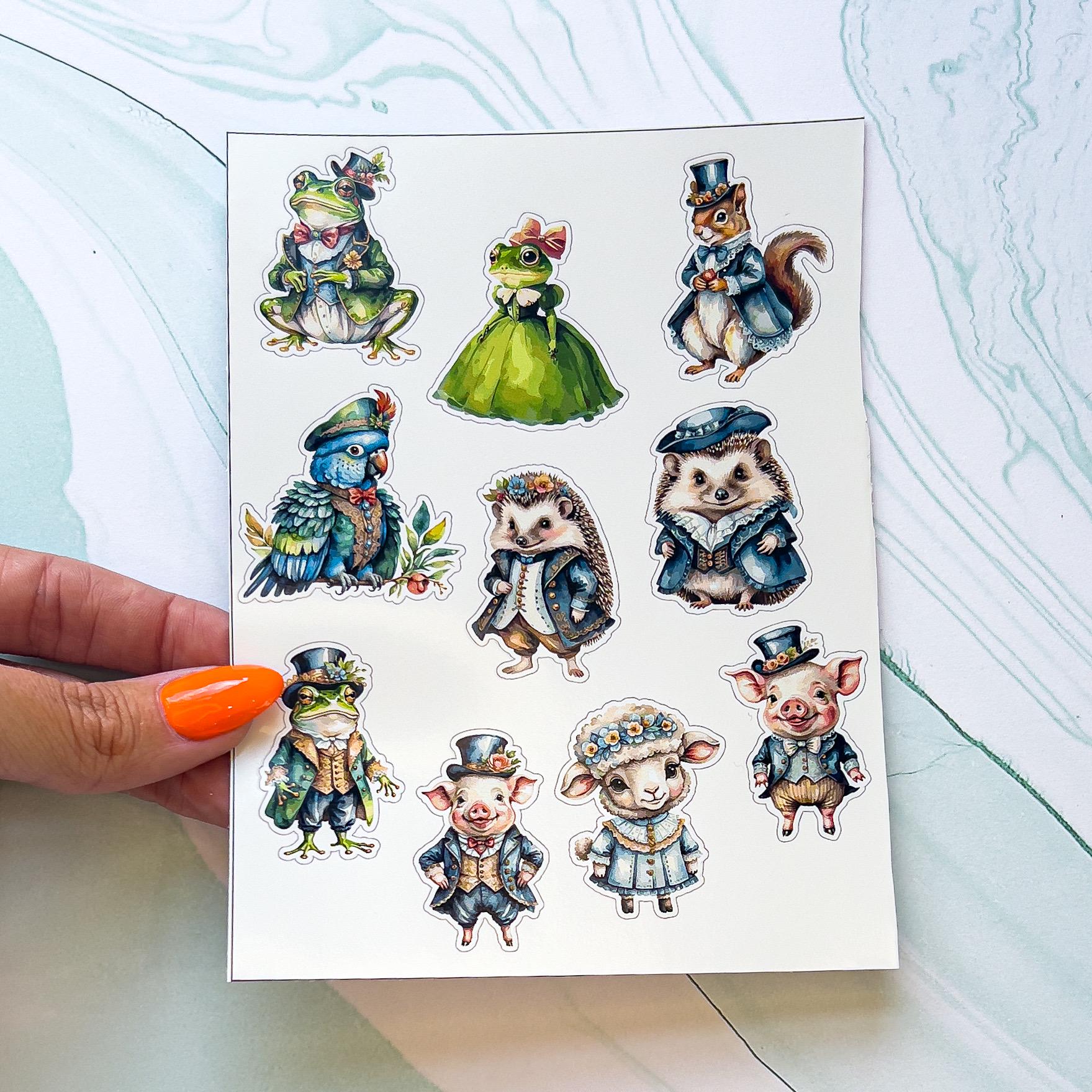 A sheet of various animal stickers wearing Victorian style clothing. The animals include frogs, pigs, a sheep, a parrot, a squirrel, and hedgehogs.