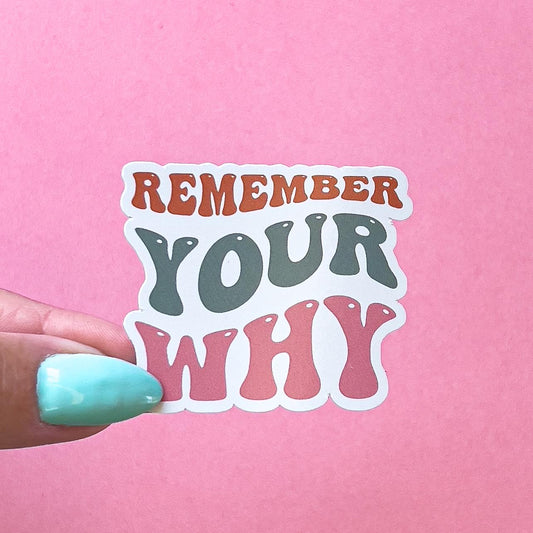 A vinyl decal sticker with the words 'Remember Your Why' in a retro font. The words are in different colors: 'Remember' is in dark orange, 'Your' is green, and 'Why' is pink.