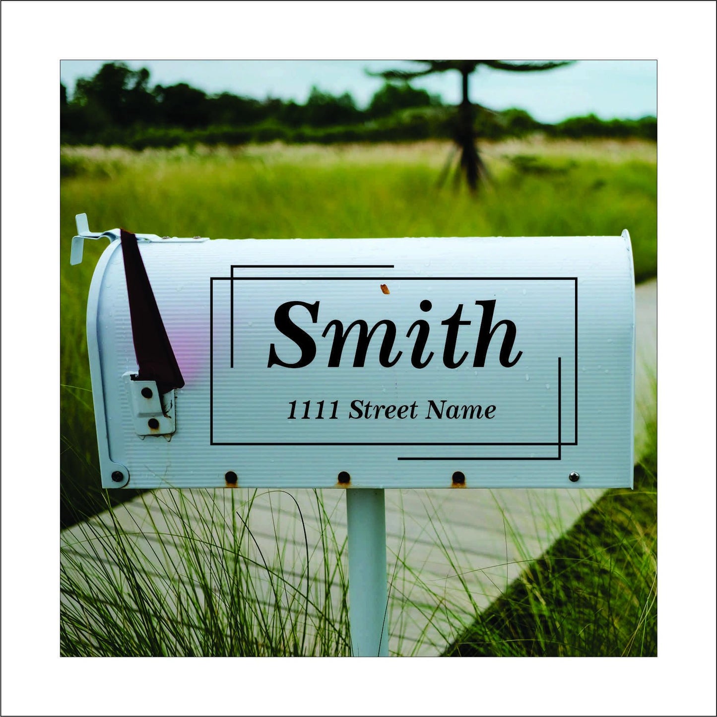 A custom vinyl decal sticker for mailbox with a black, modern, square design and the name 'Smith' and street address printed on it, this would be replaced with your name and address.