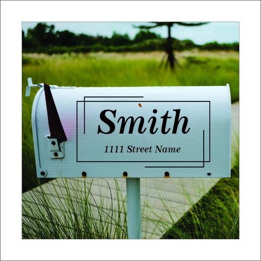 A custom vinyl decal sticker for mailbox with a black, modern, square design and the name 'Smith' and street address printed on it, this would be replaced with your name and address.