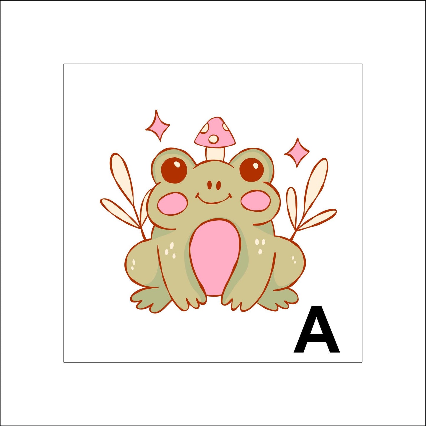 A vinyl decal sticker of a cartoon frog with pink blushed cheeks, a small smile, and has a mushroom on its head. The frog is green with a pink belly and very small beige speckles on its legs. The mushroom is beige and pink. There is a small pink diamond shape and a beige/yellow leaf on either side of the frog.
