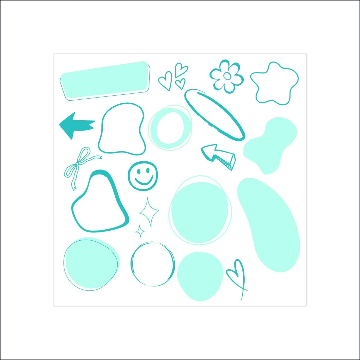 A sheet of various abstract shaped aqua/teal planner/notebook stickers. The stickers include hearts, arrows, flowers, circles, wavy circles, and rectangles. These can be used to keep track of important dates or tasks.