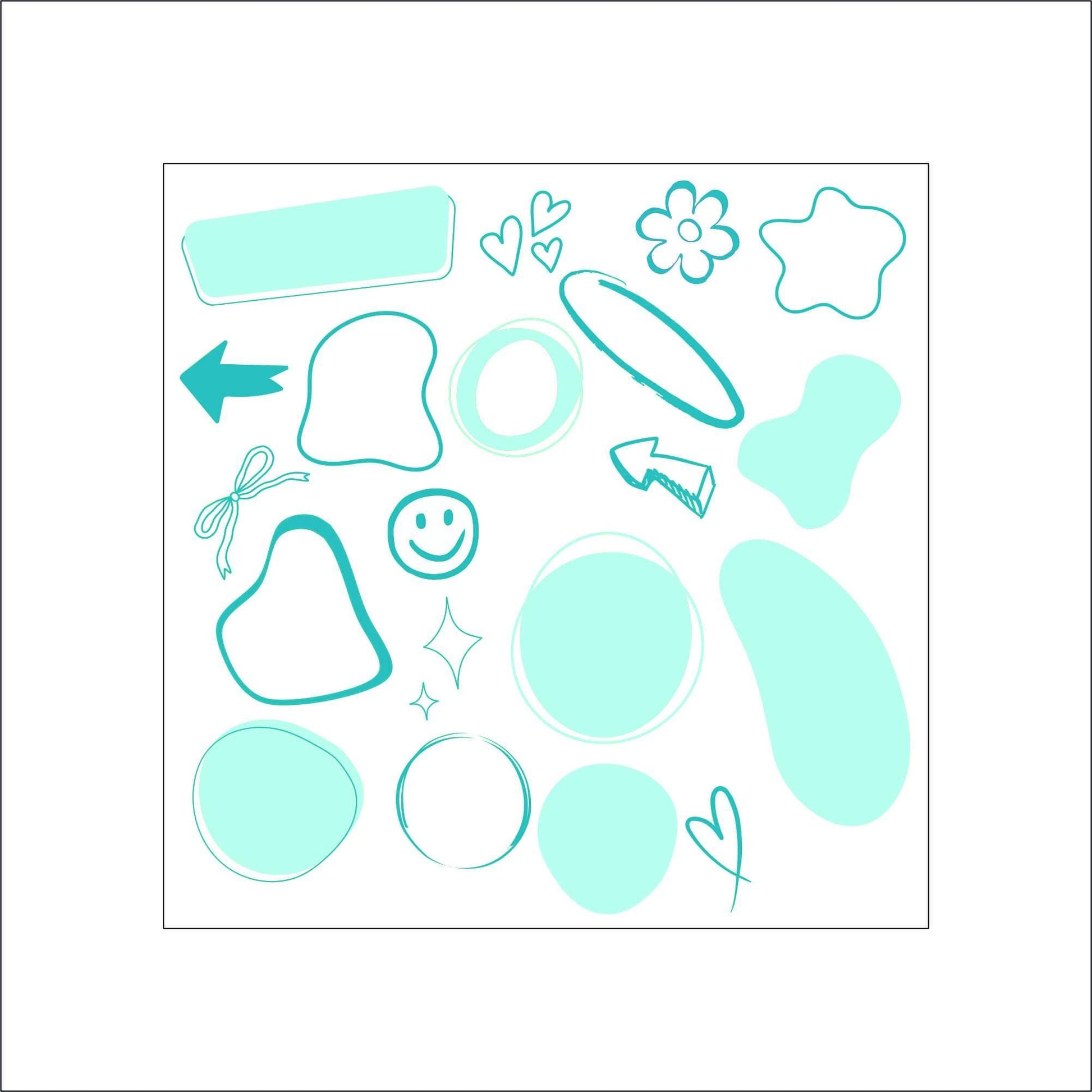 A sheet of various abstract shaped aqua/teal planner/notebook stickers. The stickers include hearts, arrows, flowers, circles, wavy circles, and rectangles. These can be used to keep track of important dates or tasks.