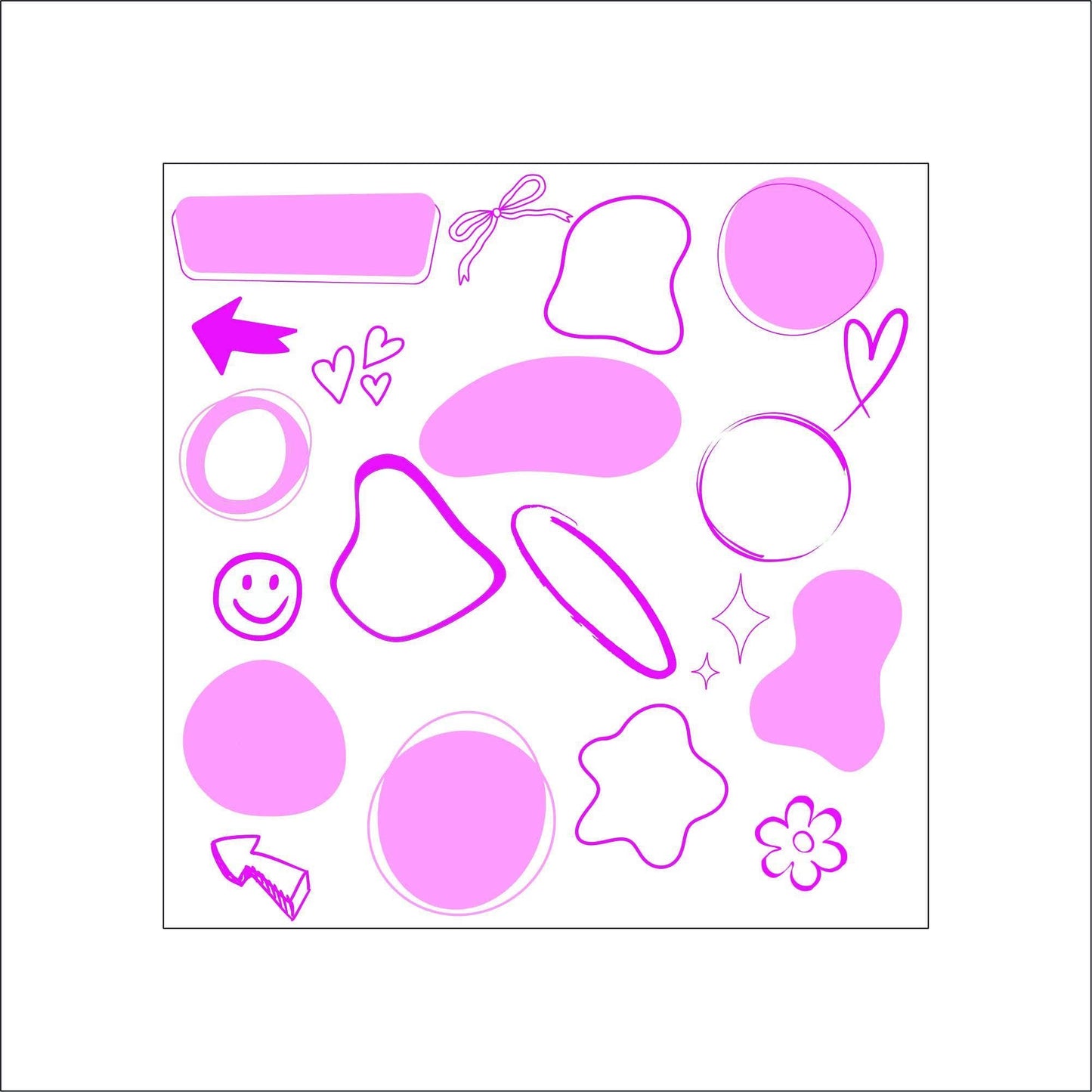 A sheet of various abstract shaped purple planner/notebook stickers. The stickers include hearts, arrows, flowers, circles, wavy circles, and rectangles. These can be used to keep track of important dates or tasks.