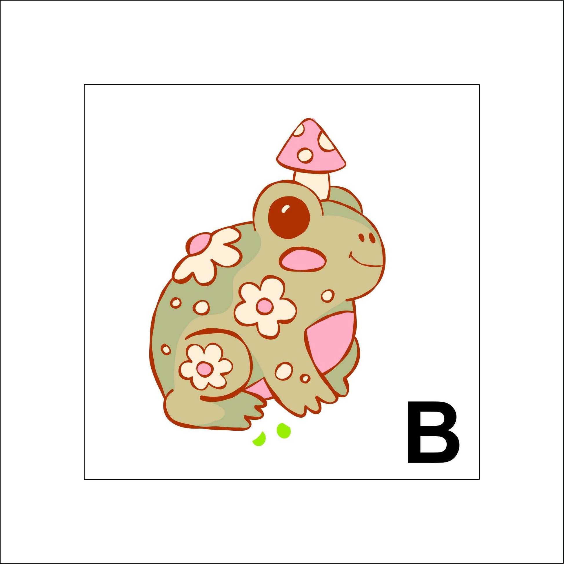 A vinyl decal sticker of a cartoon frog with pink blushed cheeks, a small smile, and has a mushroom on its head. The frog is green with a pink belly and beige flowers and spots on its body. The mushroom is beige and pink.