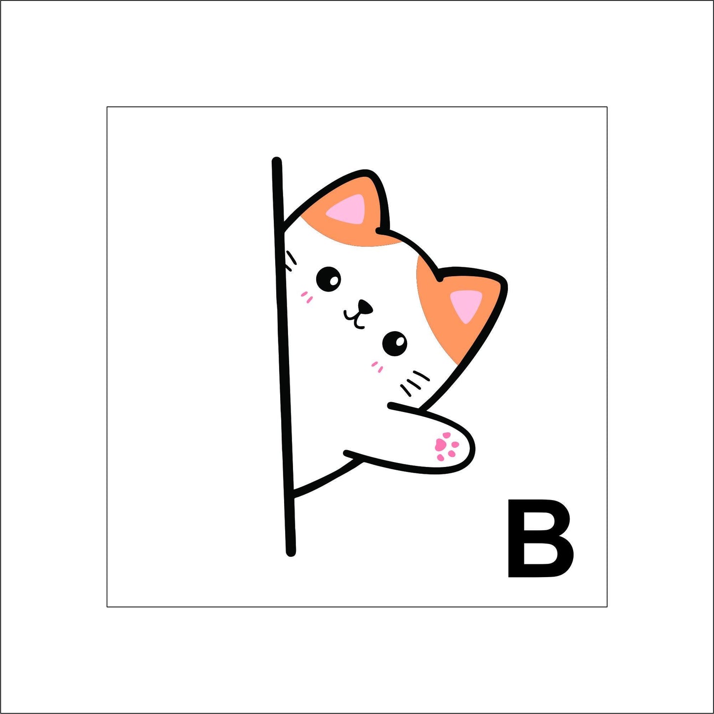 A vinyl decal sticker of orange and white cat peeking from the side of a black line with one paw, ears, eyes, and nose showing.