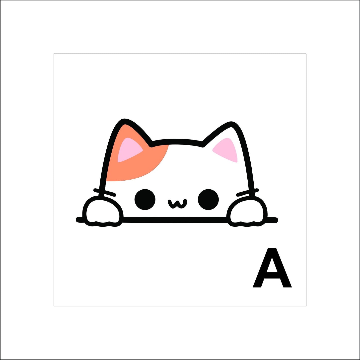 A vinyl decal sticker of orange and white cat peeking over a black line with its front paws, ears, eyes, and nose showing.