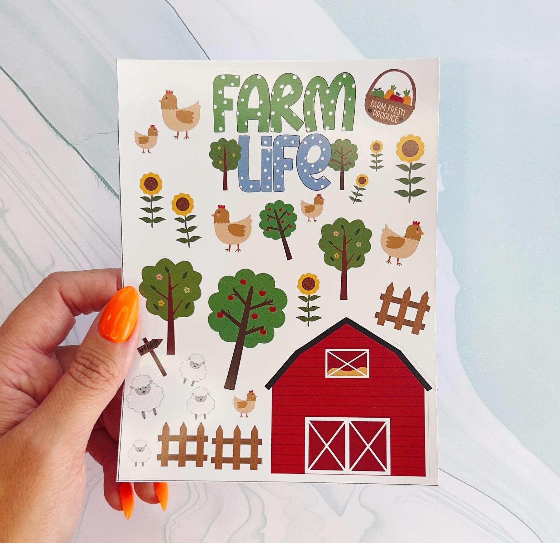 A sheet of stickers with a farm theme. The stickers are colorful illustrations of farm animals, trees, flowers, picket fences, and a red barn. The text on the sheet reads 'FARM LIFE'.