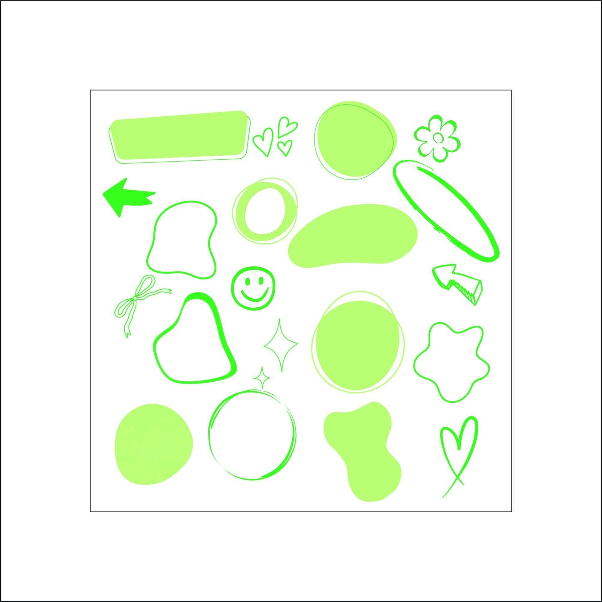 A sheet of various abstract shaped green planner/notebook stickers. The stickers include hearts, arrows, flowers, circles, wavy circles, and rectangles. These can be used to keep track of important dates or tasks.