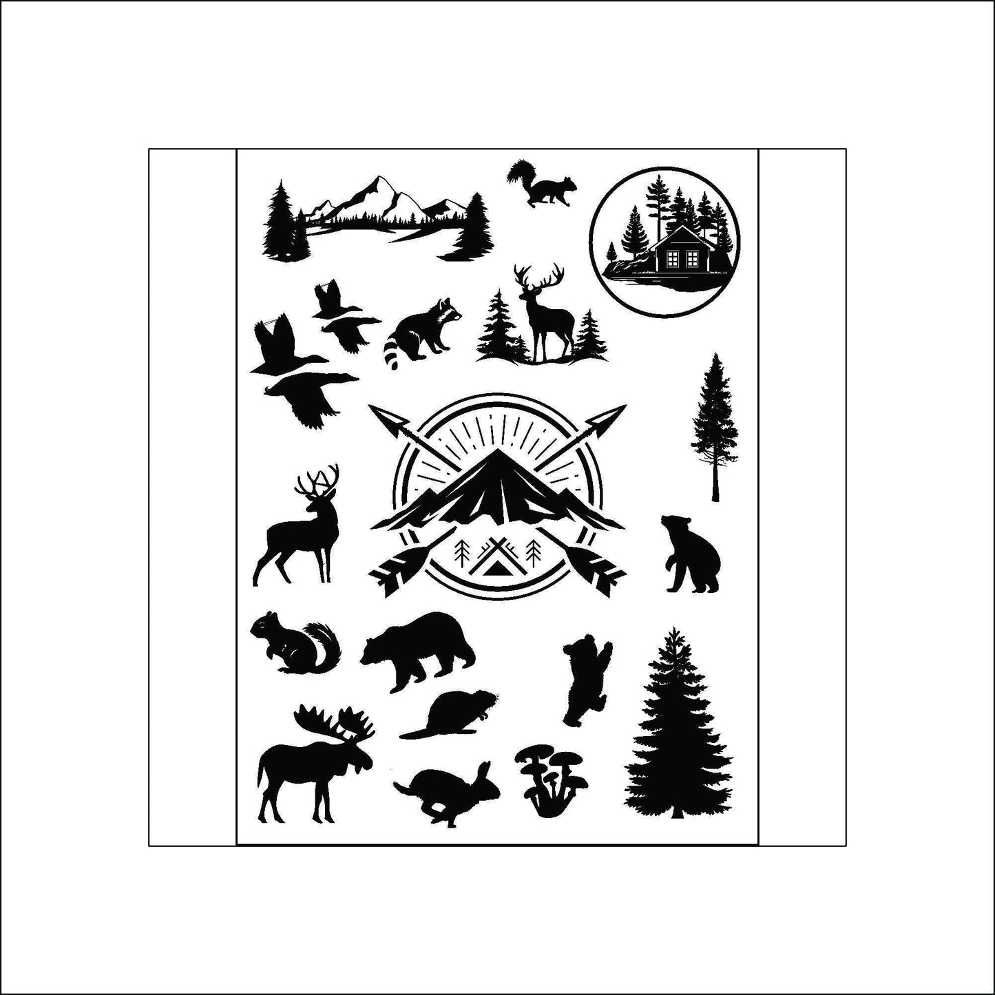 A sheet black and white stickers of various nature and wildlife images, including a cabin, trees, a deer, a squirrel, a raccoon, a goose, a bear, a mushroom, a mountain, and a compass with arrows.