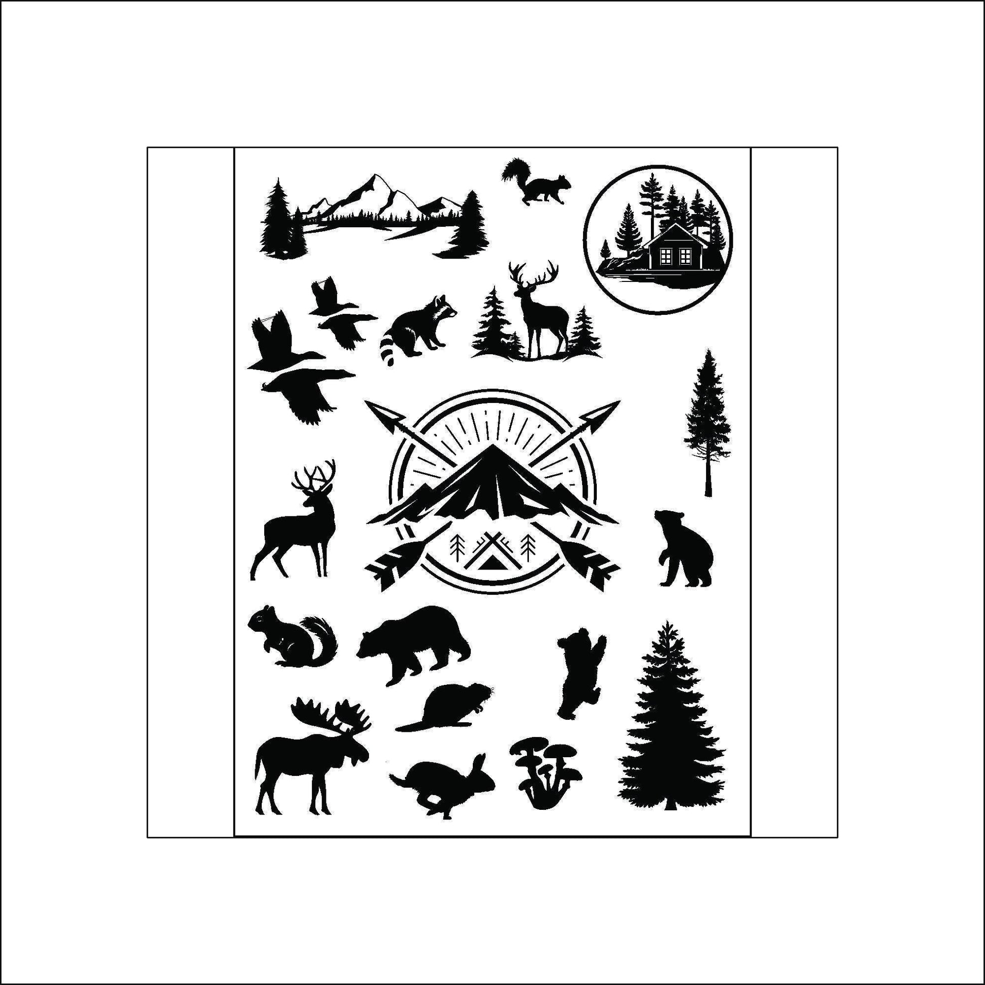 A sheet black and white stickers of various nature and wildlife images, including a cabin, trees, a deer, a squirrel, a raccoon, a goose, a bear, a mushroom, a mountain, and a compass with arrows.