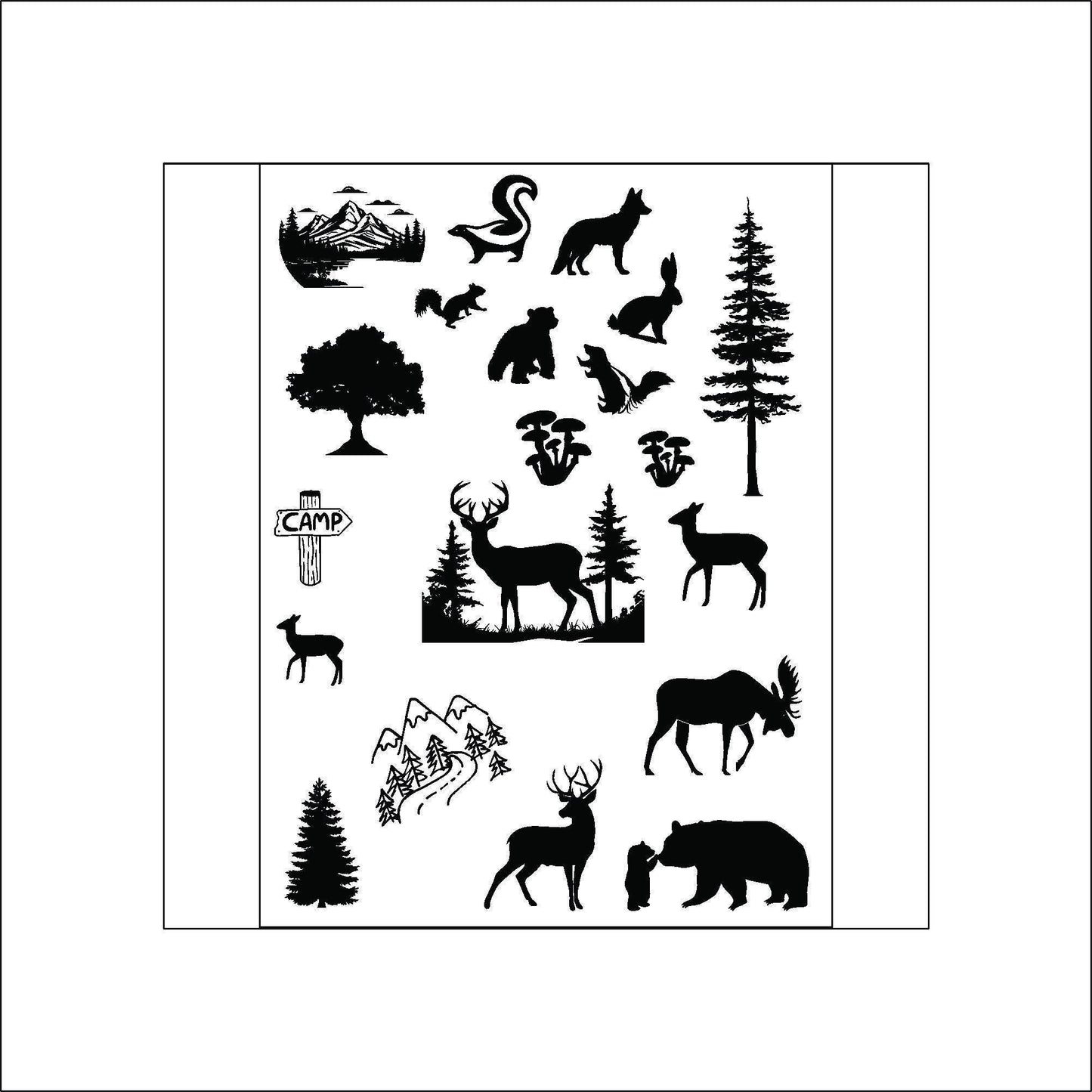 Black and white sticker sheet of various animals and plants, including a deer, a bear, a squirrel, a rabbit, a moose, a fox, a tree, and a mushroom.