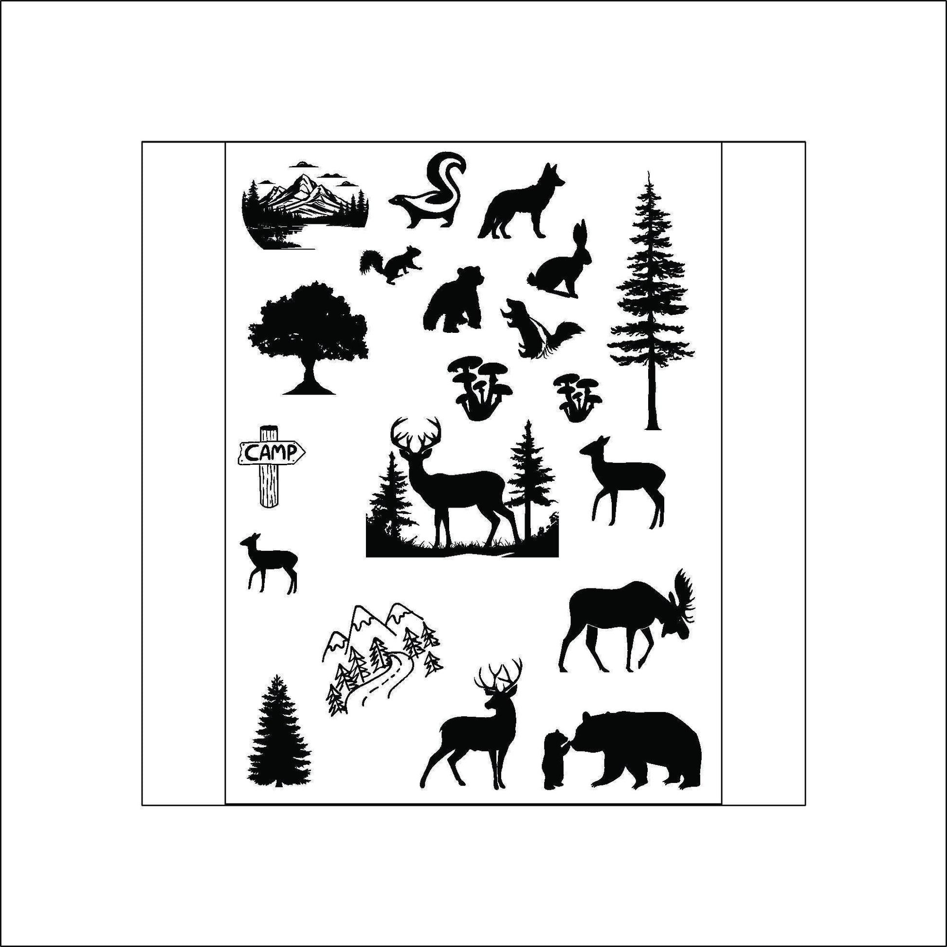 Black and white sticker sheet of various animals and plants, including a deer, a bear, a squirrel, a rabbit, a moose, a fox, a tree, and a mushroom.