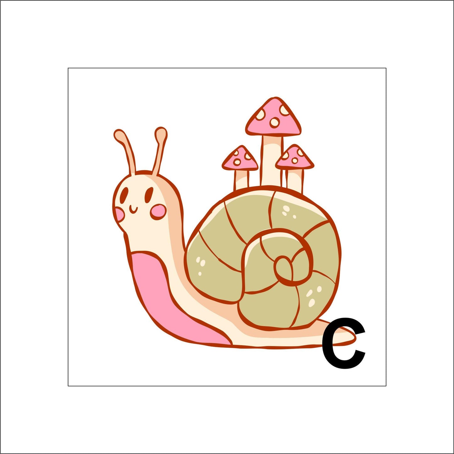 A vinyl decal sticker of a cartoon snail with pink blushed cheeks, a small smile, and has three mushroom on its shell. The snail is beige with a pink belly and a green shell with beige speckles. The mushrooms are beige and pink.