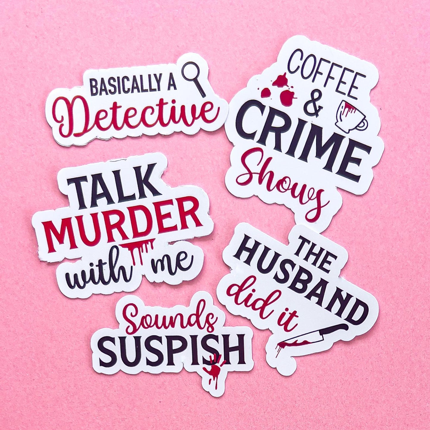 True Crime themed vinyl decal stickers with black and red text.