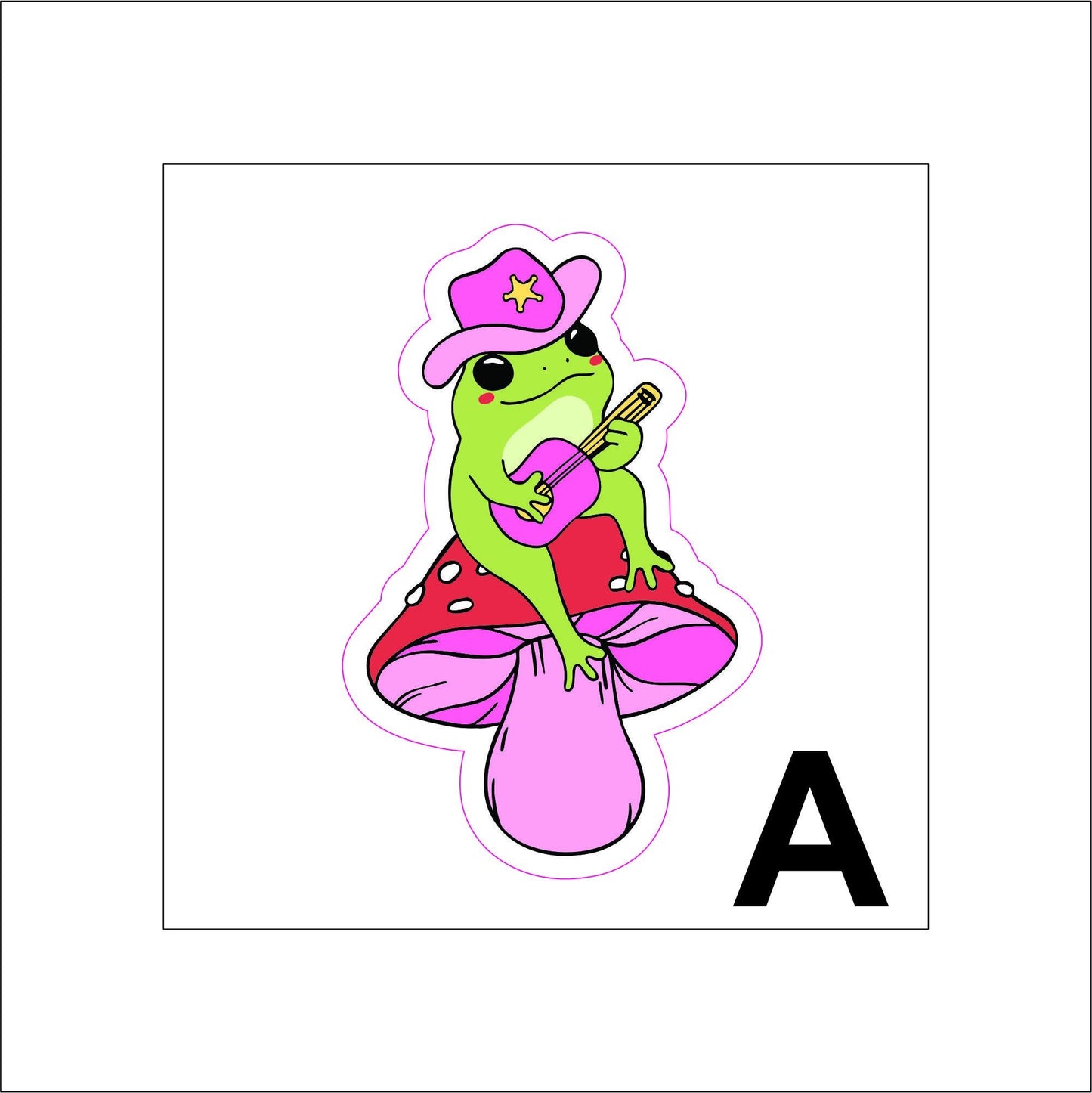 A vinyl decal sticker of a cowboy frog sitting on a pink and red mushroom playing a pink guitar. The frog is wearing a pink cowboy hat.
