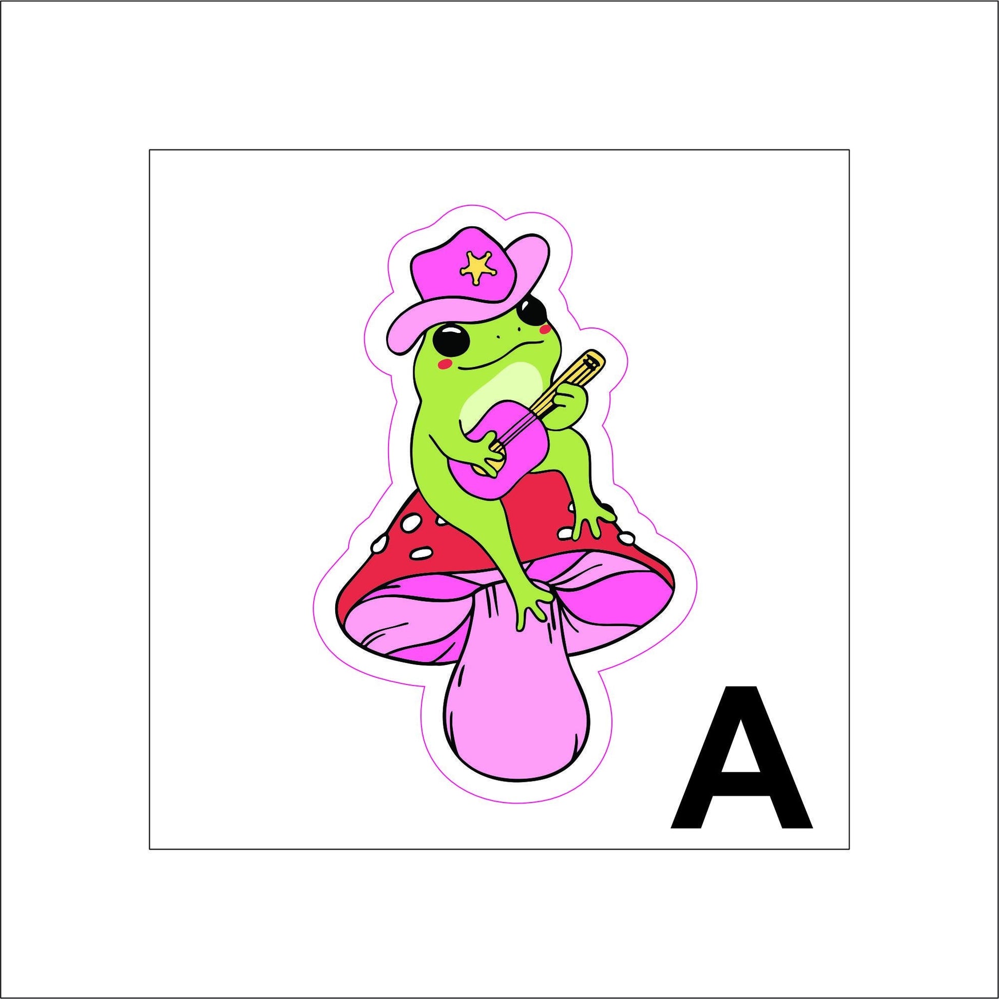 A vinyl decal sticker of a cowboy frog sitting on a pink and red mushroom playing a pink guitar. The frog is wearing a pink cowboy hat.