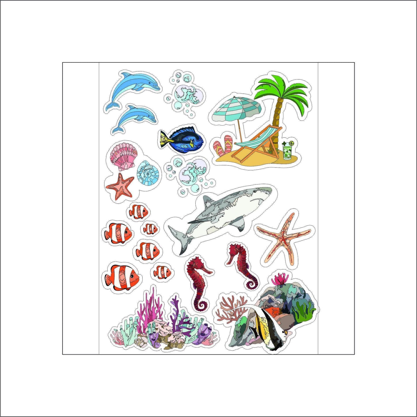 A set of colorful stickers featuring a variety of ocean-themed images, including dolphins, a shark, seahorses, starfish, coral, and a beach scene with a palm tree and a lounge chair.