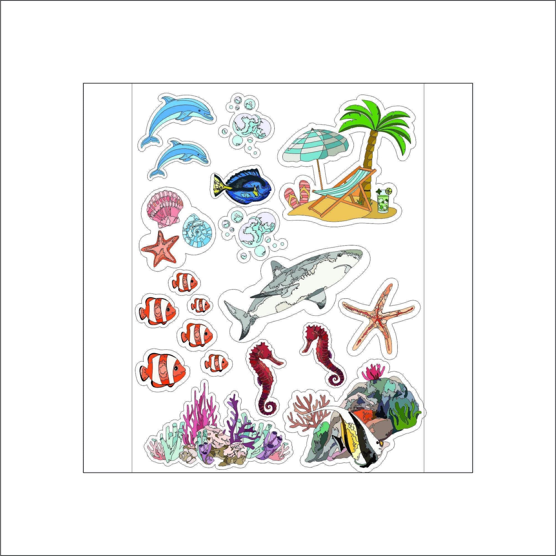 A set of colorful stickers featuring a variety of ocean-themed images, including dolphins, a shark, seahorses, starfish, coral, and a beach scene with a palm tree and a lounge chair.