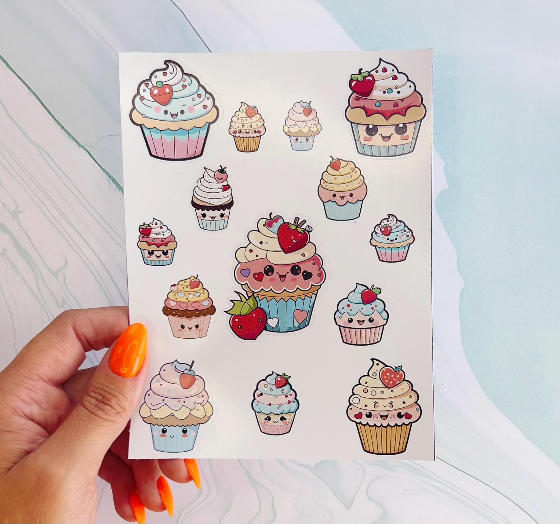 A sheet of cupcake stickers with various designs. The stickers are colorful and feature cupcakes with different frosting colors, sprinkles, and faces. Some cupcakes have strawberries on top. The stickers are perfect for decorating planners, laptops, water bottles, and other items.