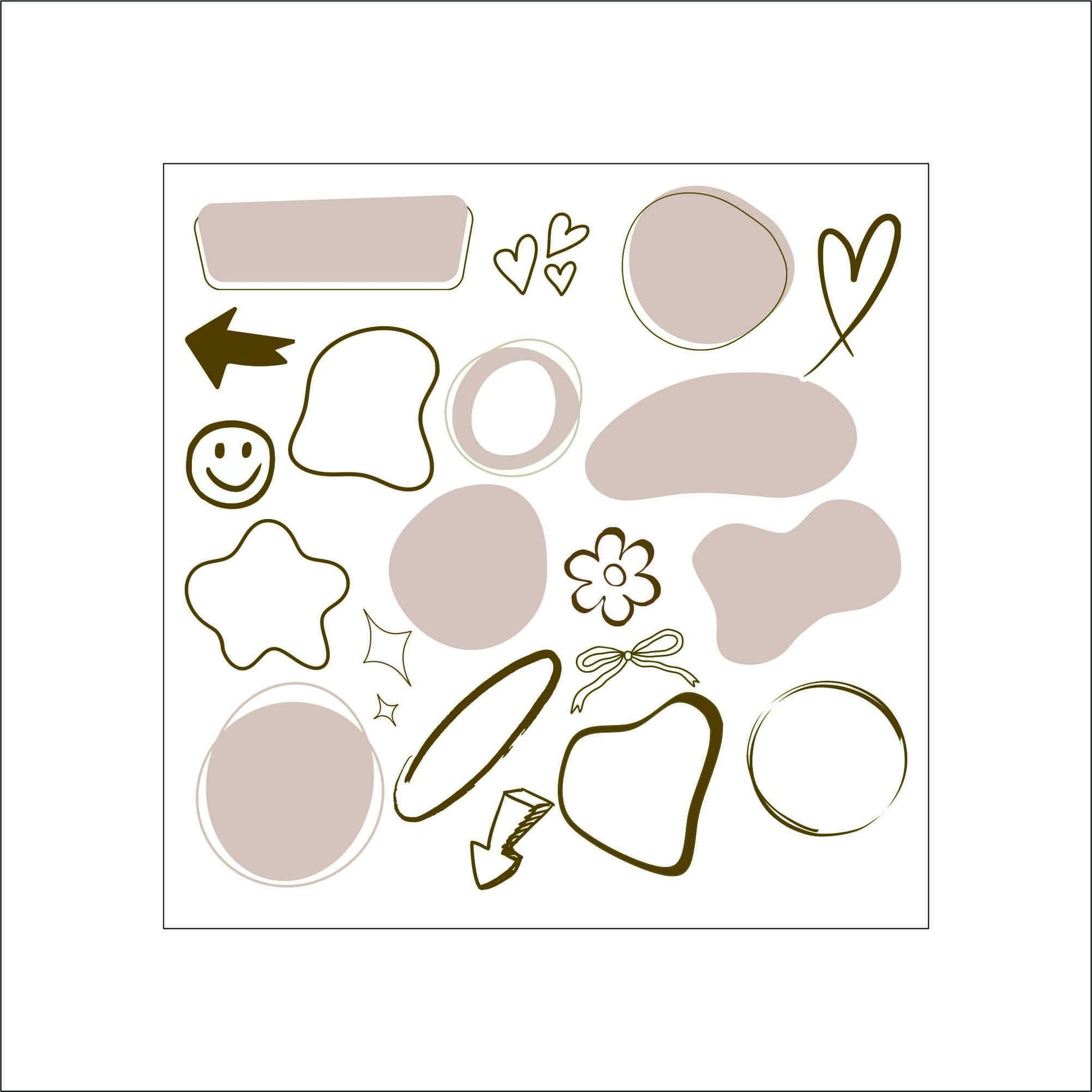 A sheet of various abstract shaped beige planner/notebook stickers. The stickers include hearts, arrows, flowers, circles, wavy circles, and rectangles. These can be used to keep track of important dates or tasks.