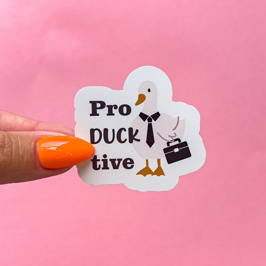A vinyl decal sticker of a white duck wearing a black tie and holding a black briefcase. The text 'Pro Duck tive' is written beside the duck.
