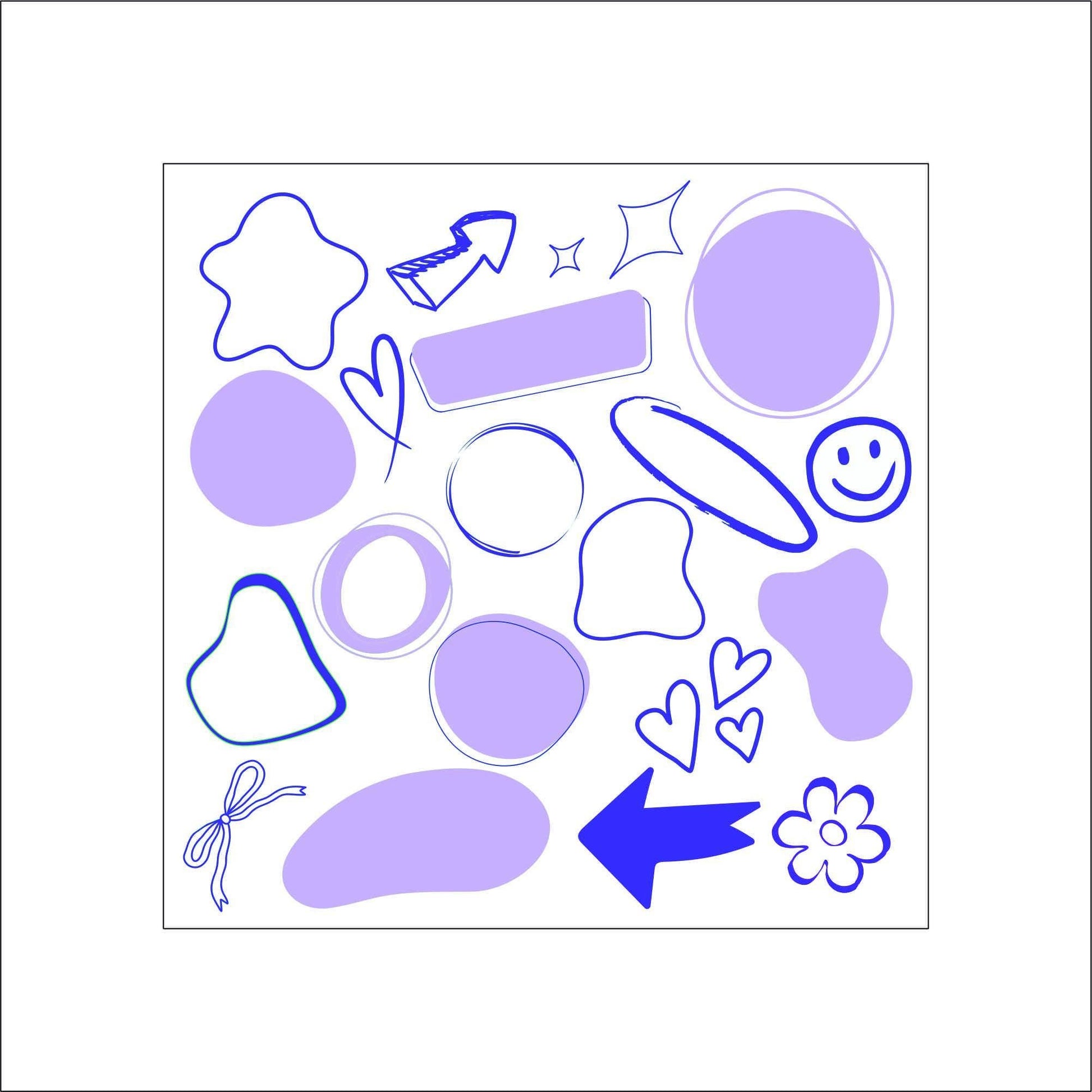 A sheet of various abstract shaped blue planner/notebook stickers. The stickers include hearts, arrows, flowers, circles, wavy circles, and rectangles. These can be used to keep track of important dates or tasks.