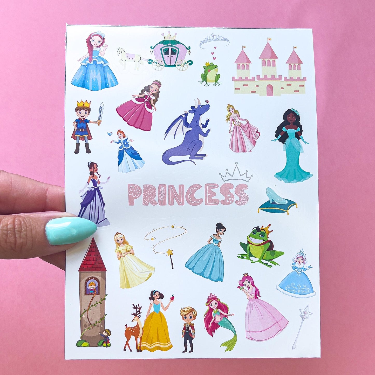 A sheet of princess themed stickers. The stickers include a princess, a prince, a dragon, a castle, a carriage, a frog, a crown, a glass slipper, a wand, a deer, a mermaid, and other princess related images. The word 'princess' is written in pink letters with a decorative border.