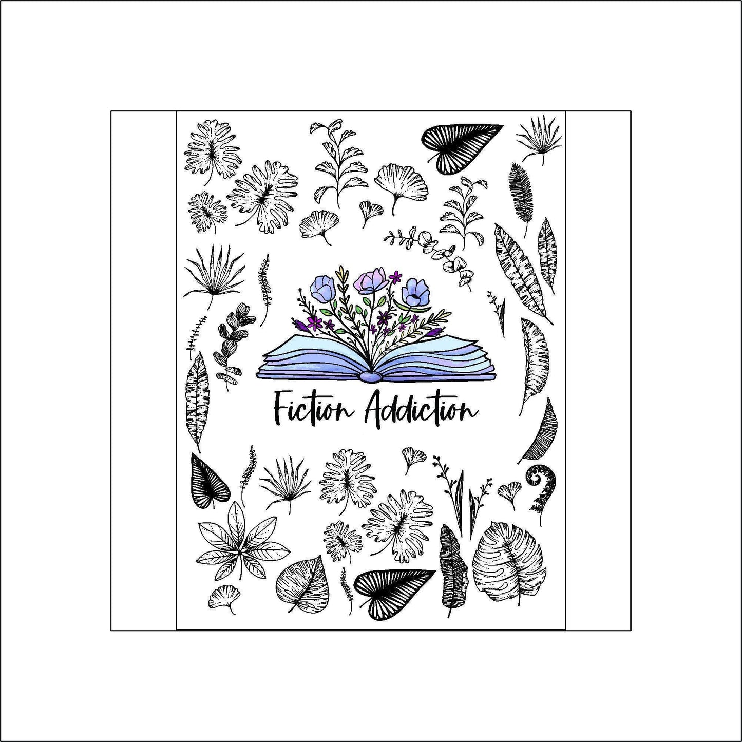 A sheet of stickers. The stickers include an open book with flowers growing from the pages and the words "Fiction Addiction" around the book and various black and white leaves.