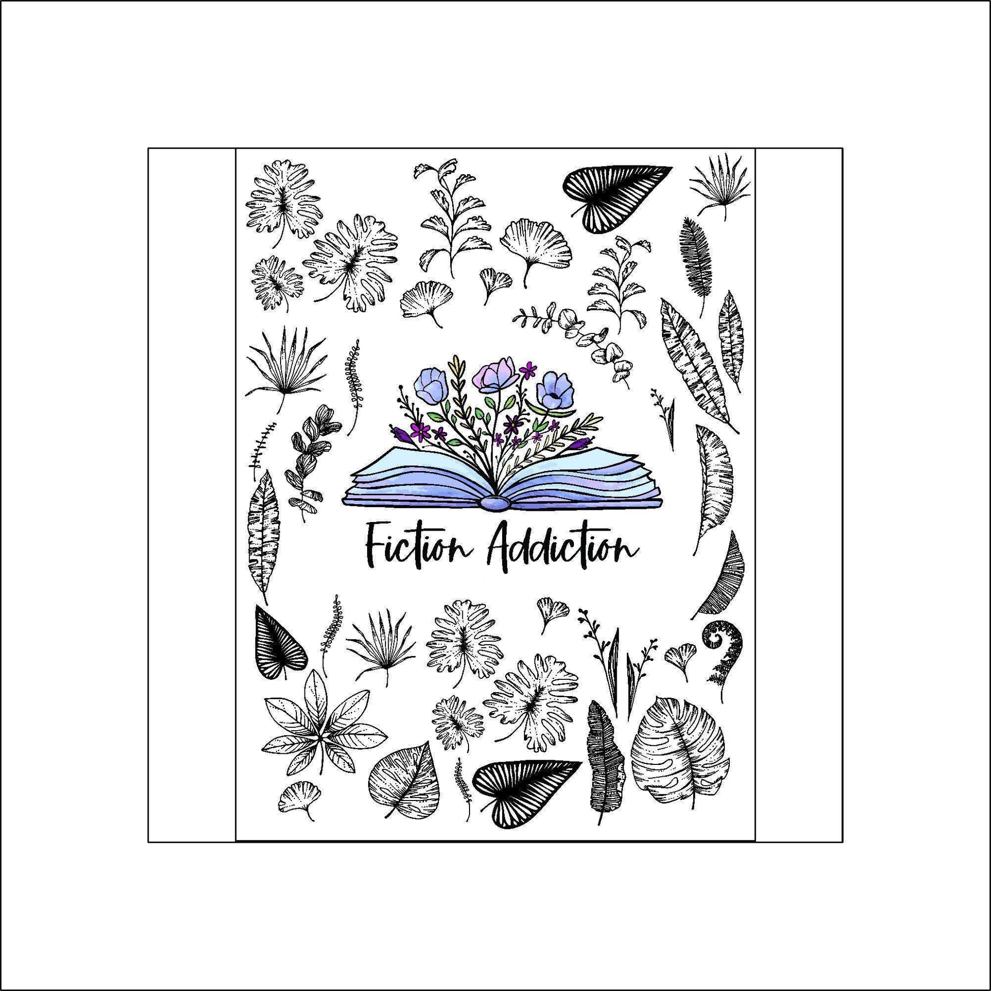 A sheet of stickers. The stickers include an open book with flowers growing from the pages and the words "Fiction Addiction" around the book and various black and white leaves.