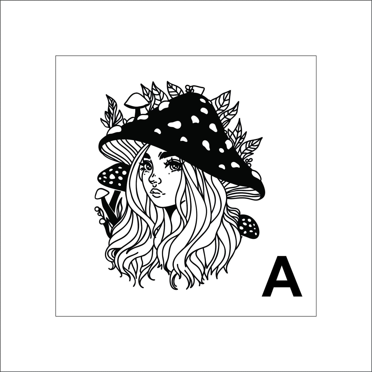 A vinyl decal sticker of a cartoon style girl/woman with long hair, big eyes, a small upturned nose. She is wearing a mushroom hat with mushrooms and leaves around her.